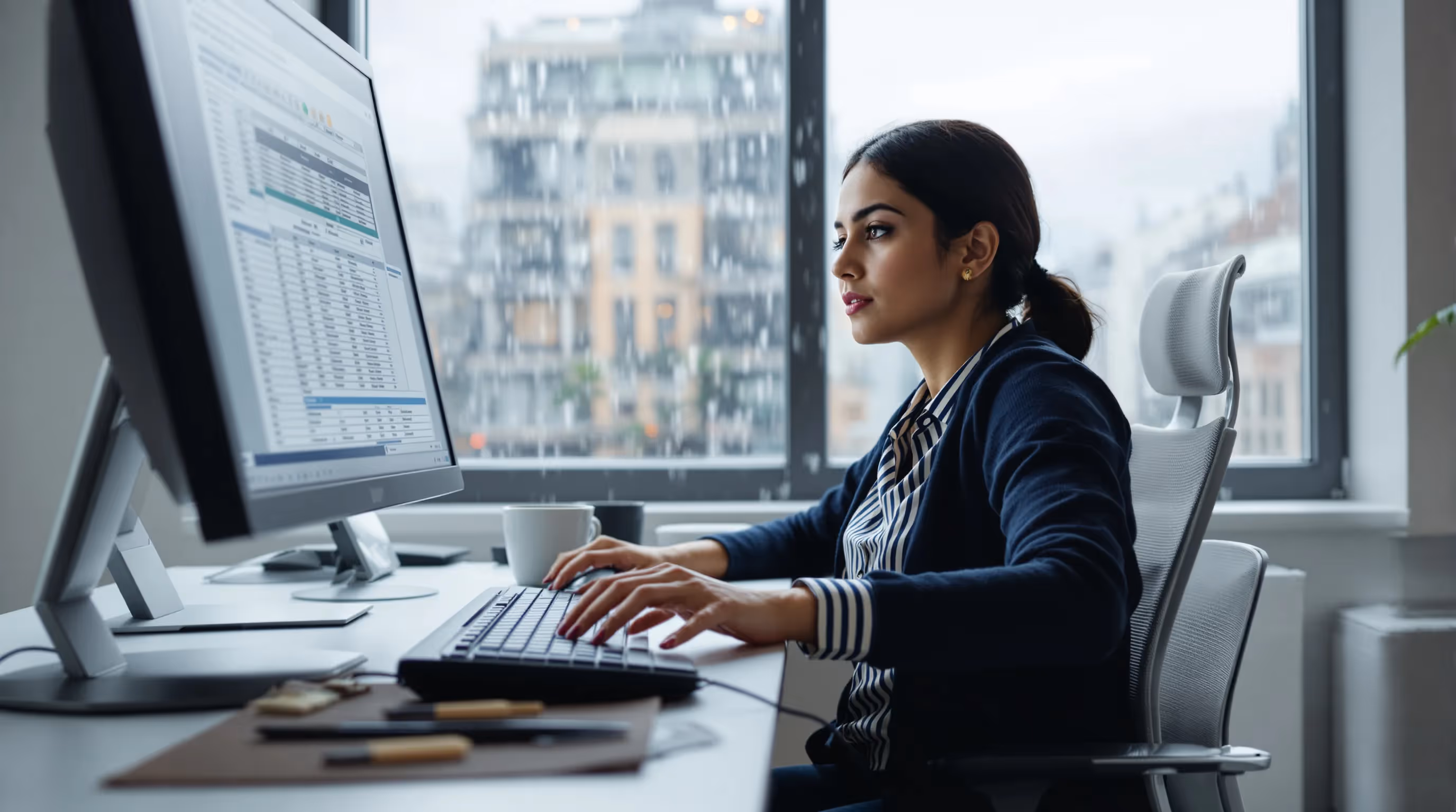 Woman overreaching for mouse, forearm unsupported, elbow strained in a UK office.