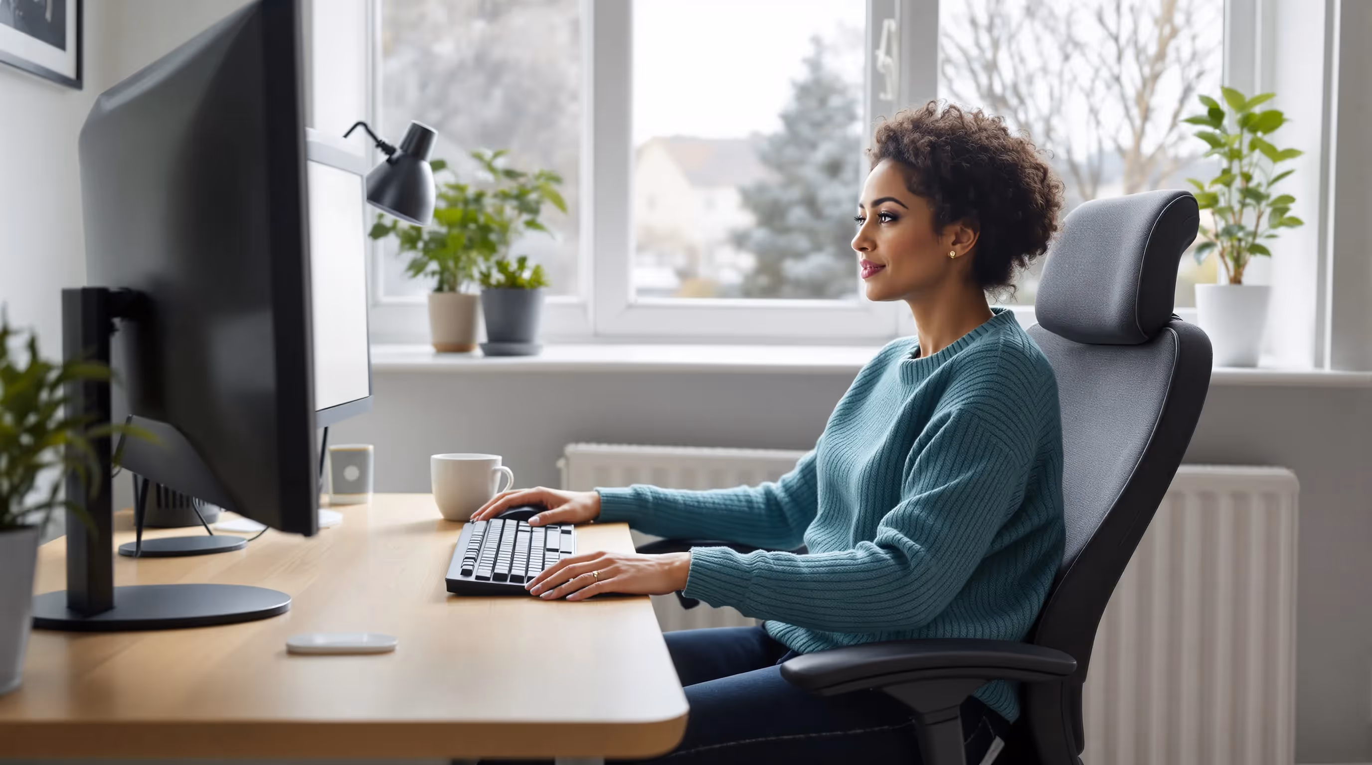 British professional at ergonomic desk with supported elbows and close mouse.