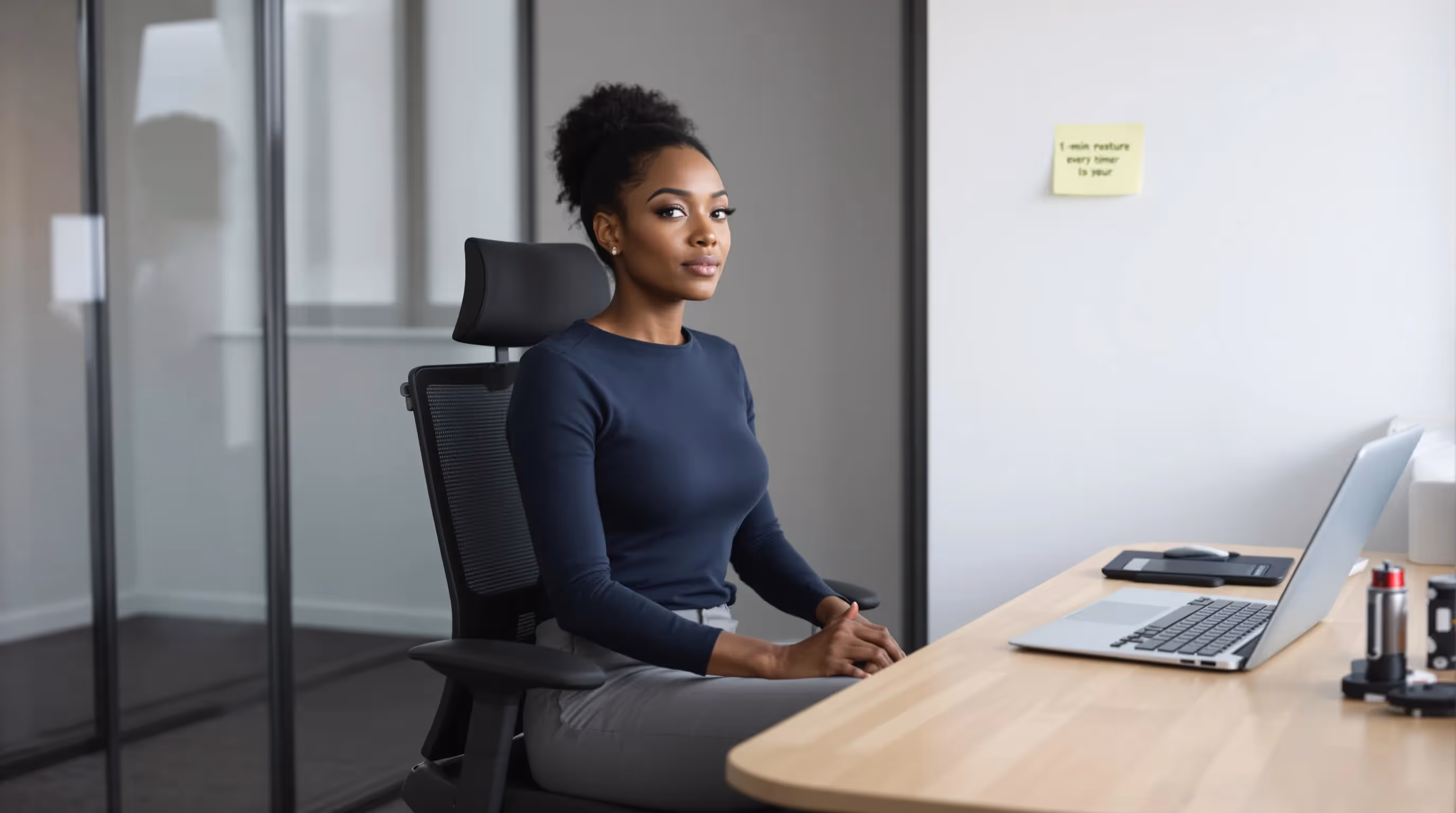 Woman in a UK office doing seated scap squeezes with a chin nod.