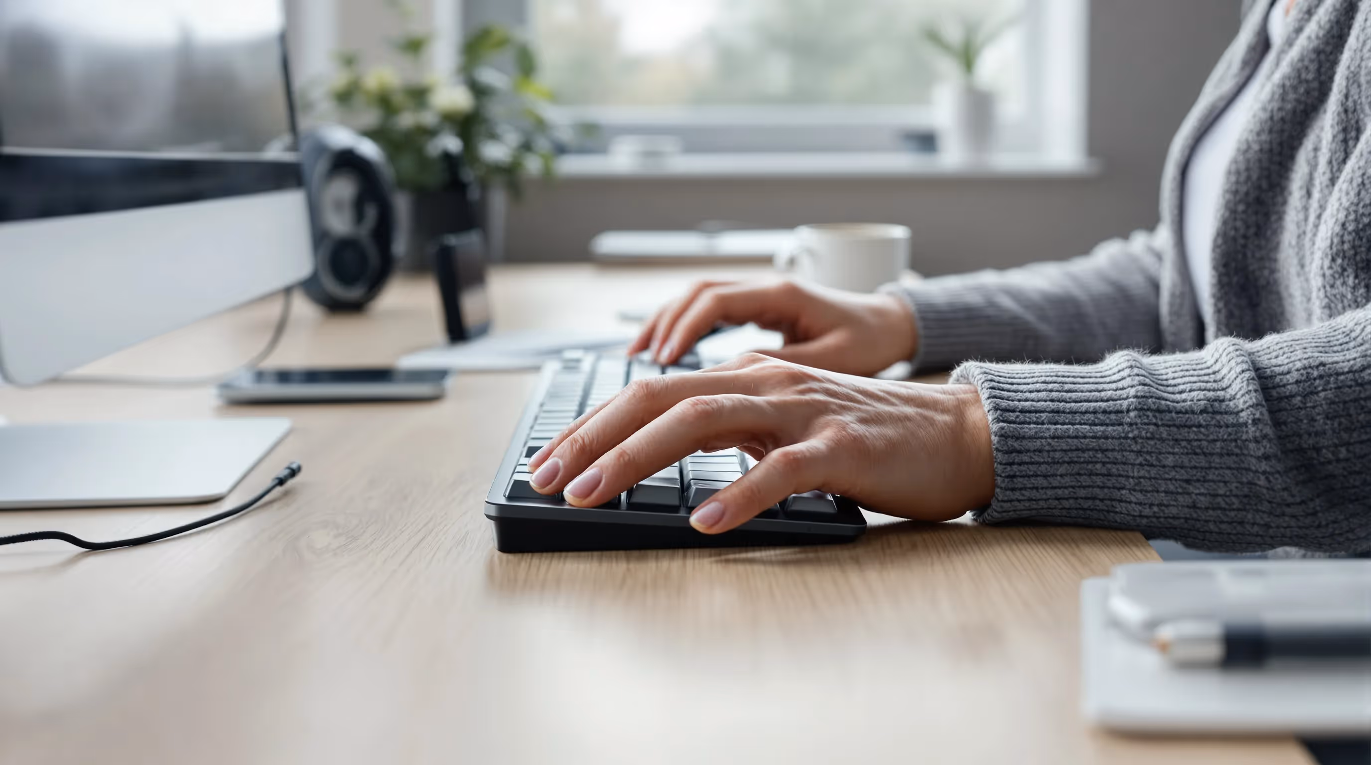 Tense mouse grip with flared elbow and extended wrist at a high desk.