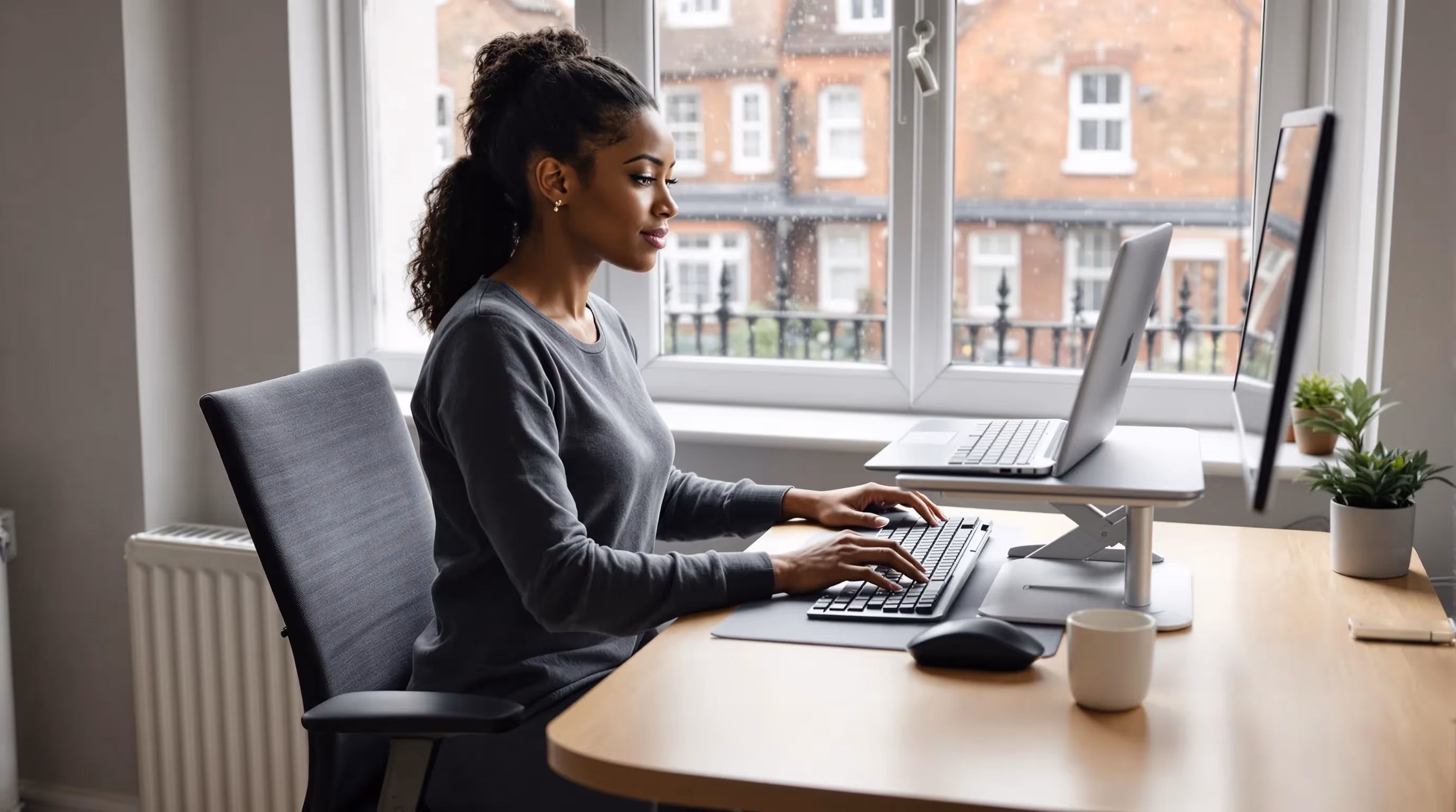 Ergonomic mouse close to keyboard in a UK home office setup.