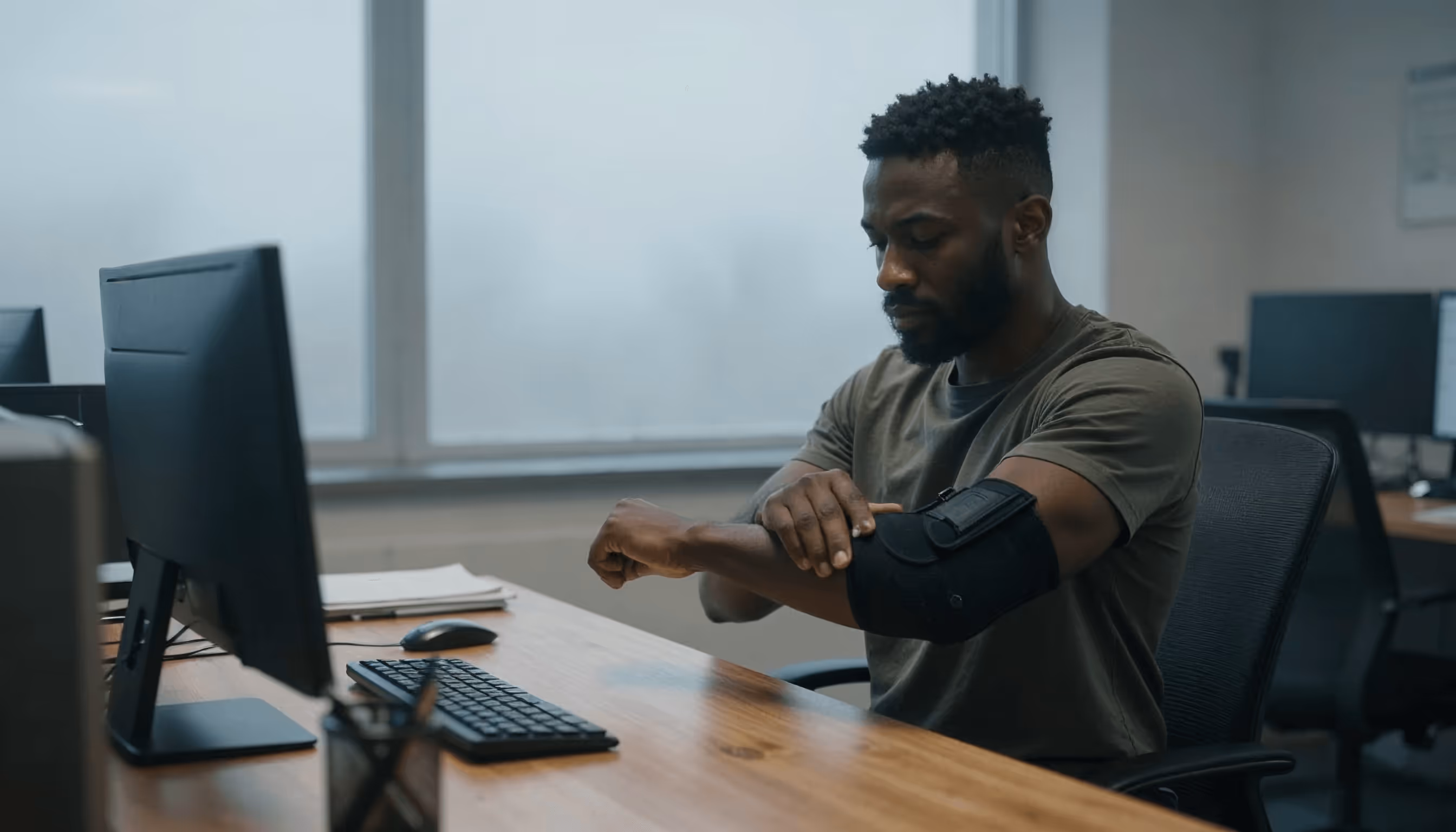 Worker doing gentle forearm rotation with elbow strap at a UK desk.