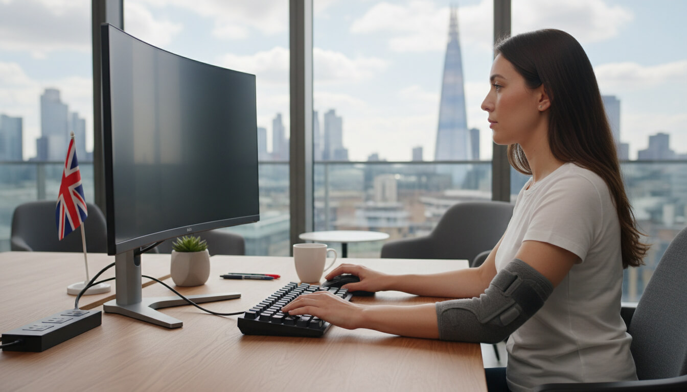 Woman at UK desk wearing elbow brace, using centered RollerMouse and compact keyboard.