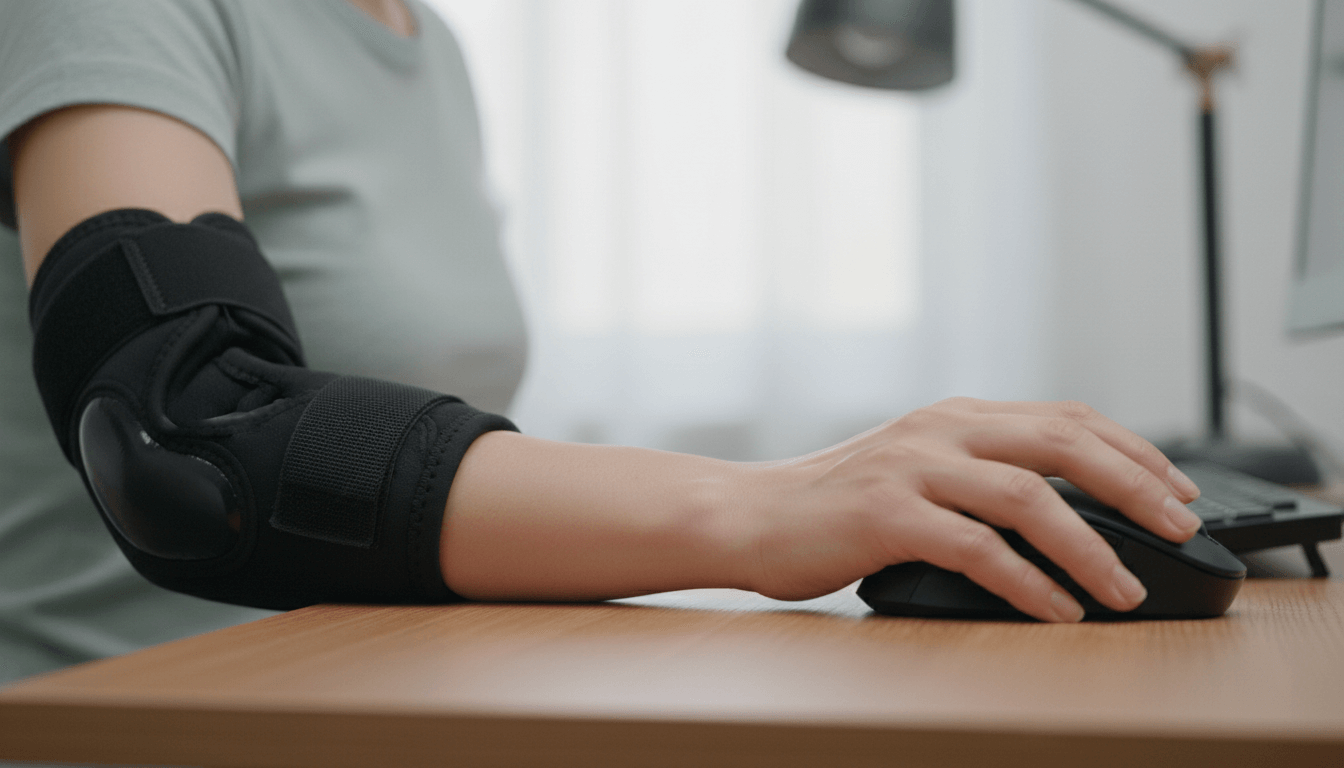Close-up of a woman using a mouse while wearing a computer elbow brace.