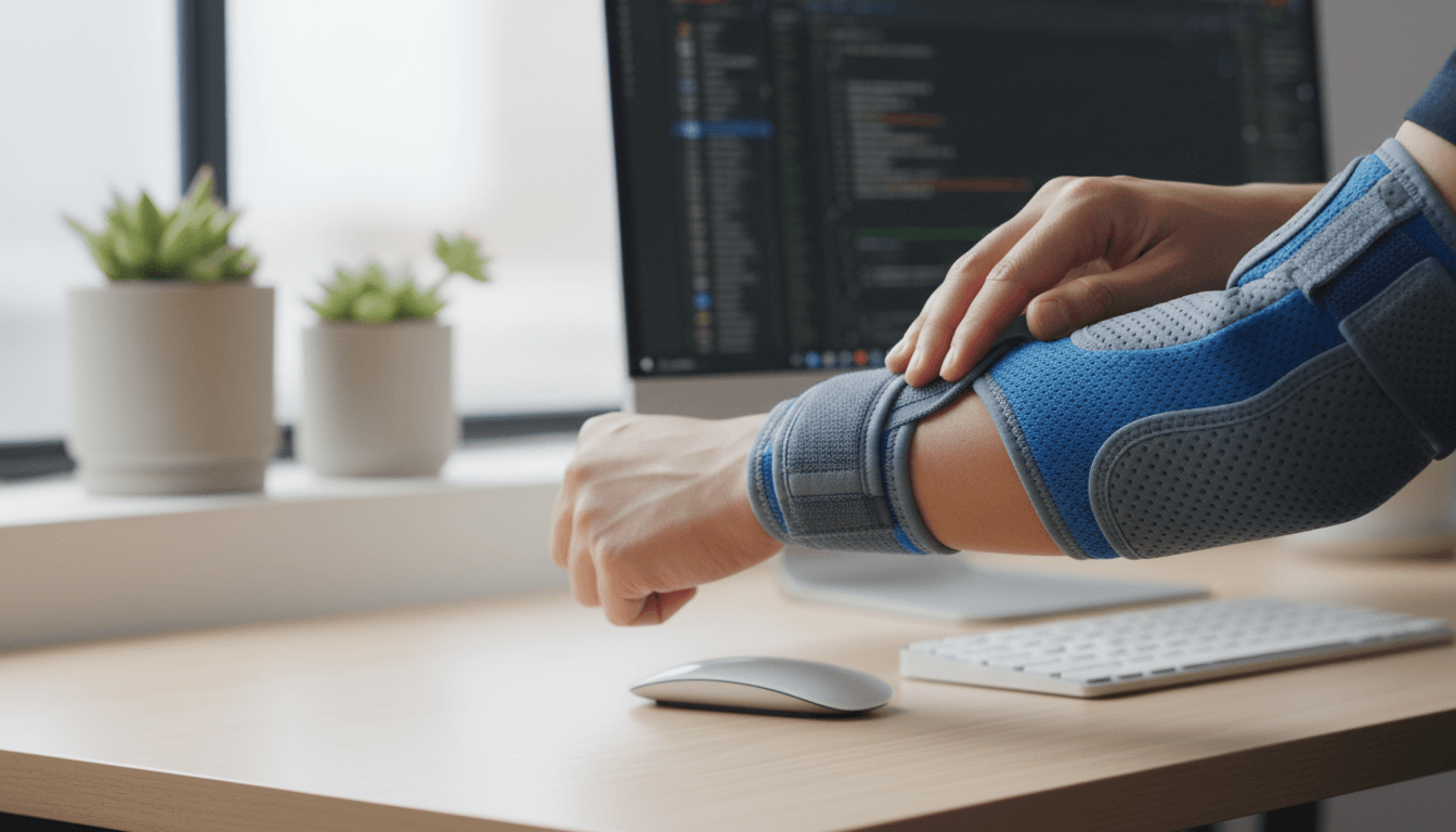 Close-up of a person adjusting a breathable computer elbow brace at a desk.