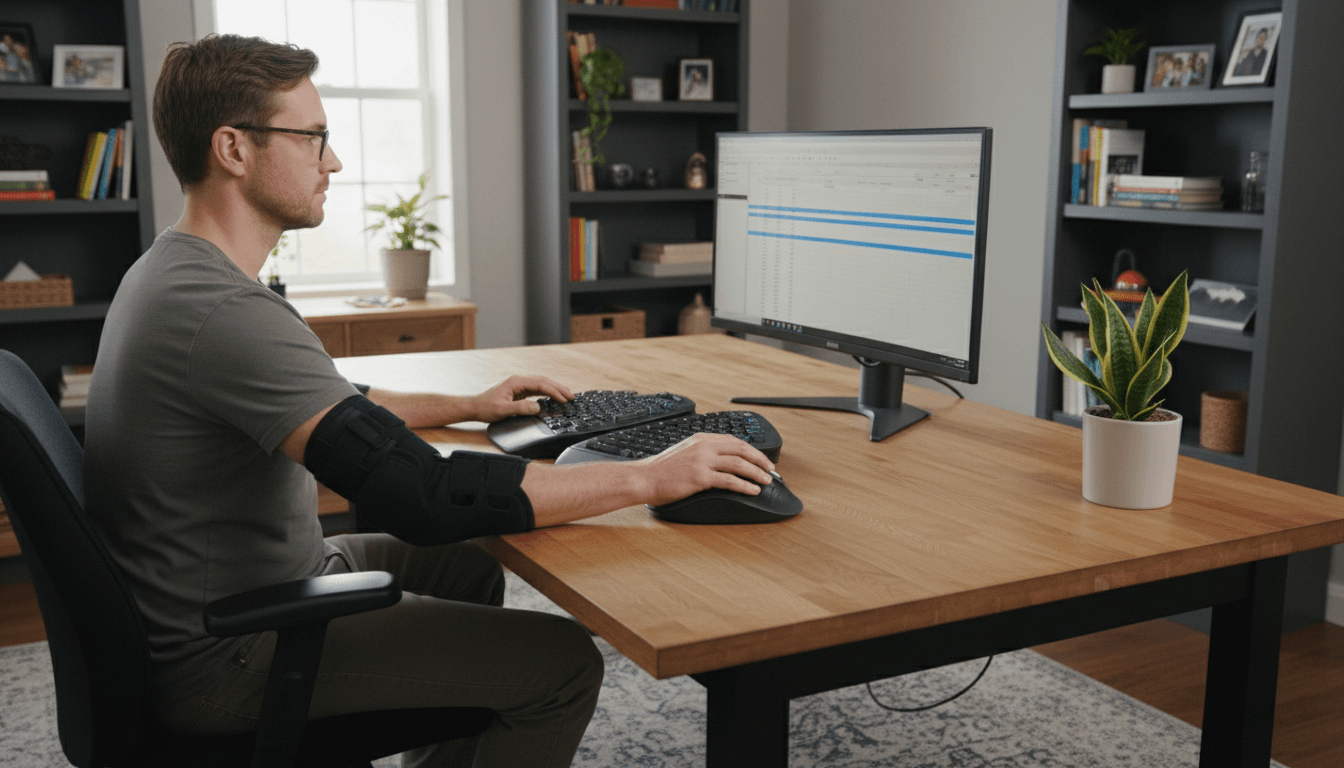 Person using a central mouse with a computer elbow brace on their mouse arm in a home office.