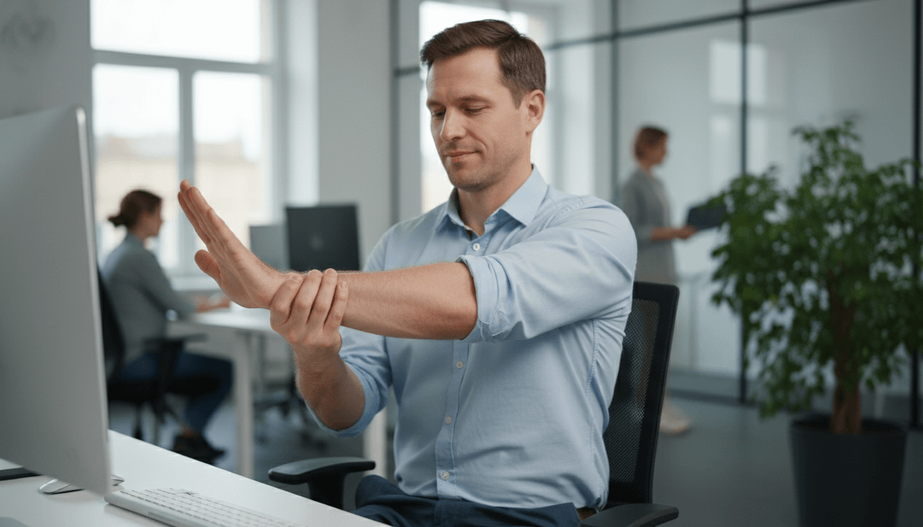 Office worker performs isometric wrist hold to relieve computer elbow pain.