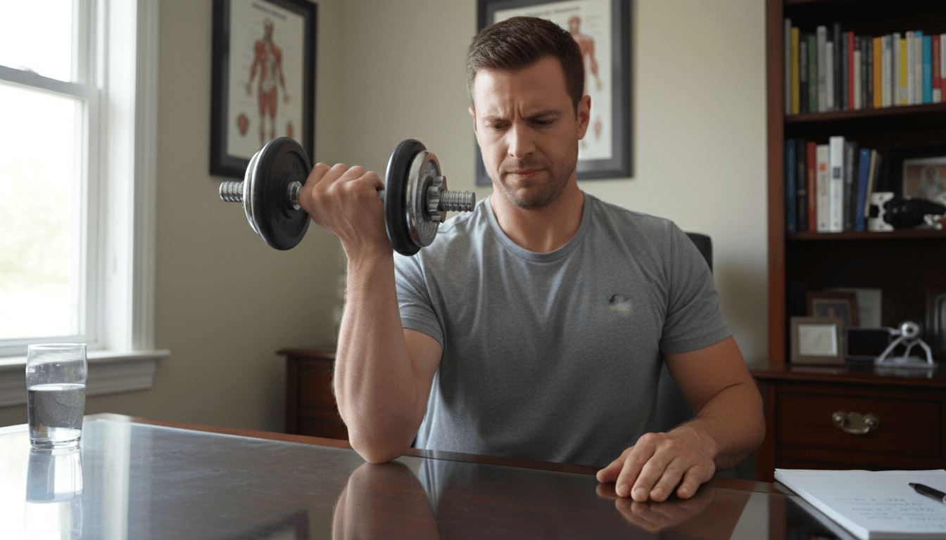 Man performs eccentric wrist extension at a desk with dumbbell.