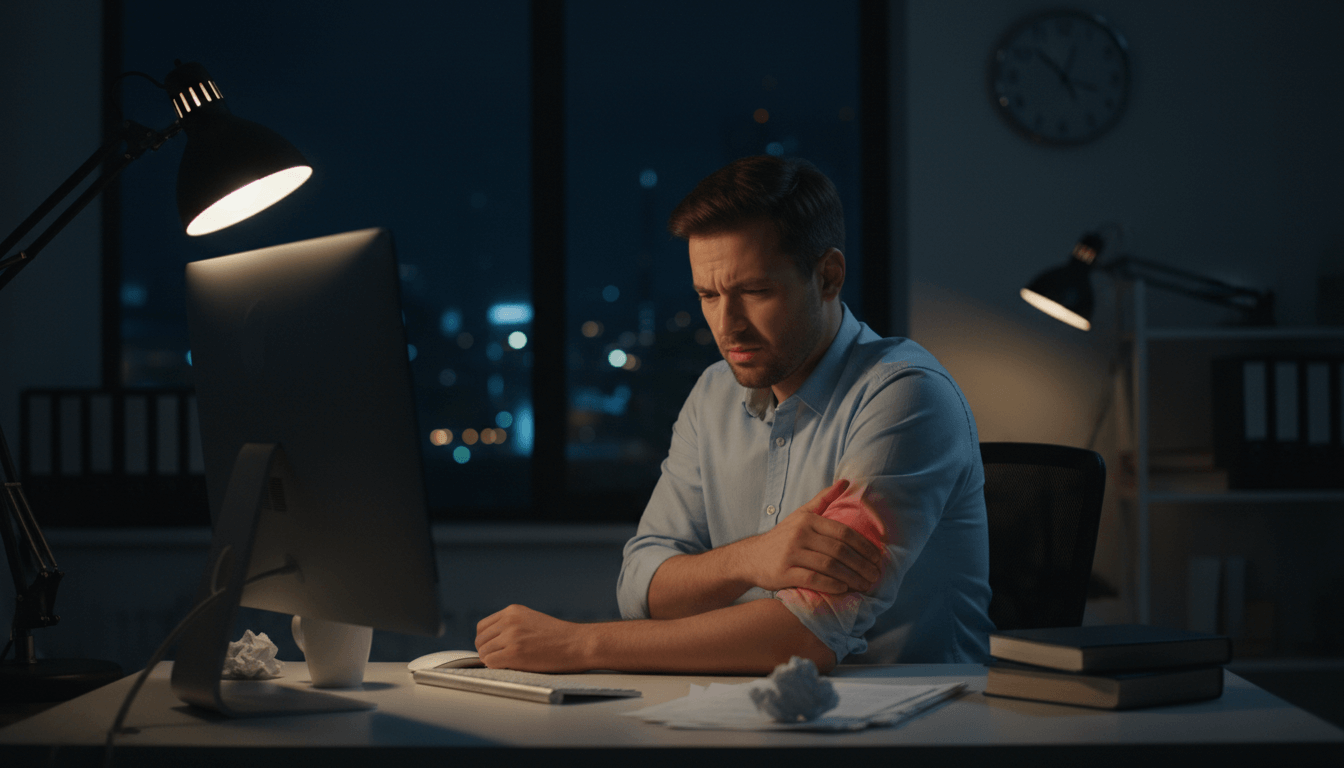 Office worker rubbing tender outer elbow at night by a computer.