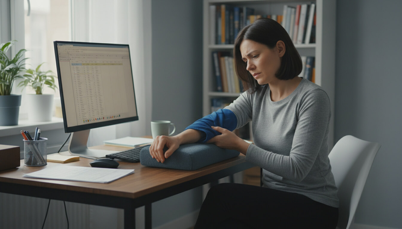 Woman icing her right elbow at a home desk, mouse on left.
