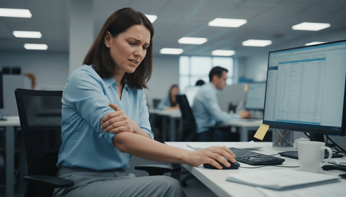 Office worker gripping mouse, wincing with elbow pain and finger tingling.