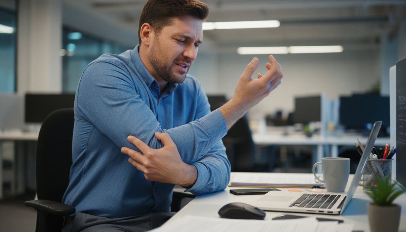 Office worker rubs sore elbow at laptop, wincing with tingling fingers.