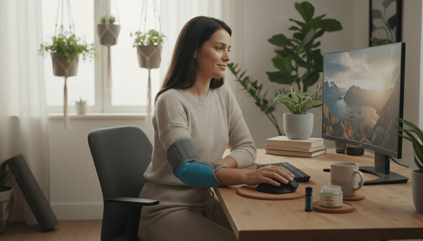 Woman eases mouse‑related elbow pain at a home desk with self‑care items.