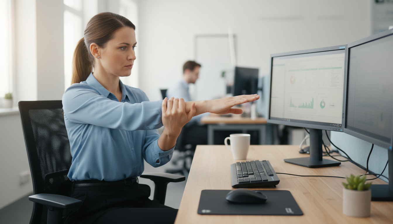 Office worker doing wrist extensor exercise, mouse set aside during microbreak.