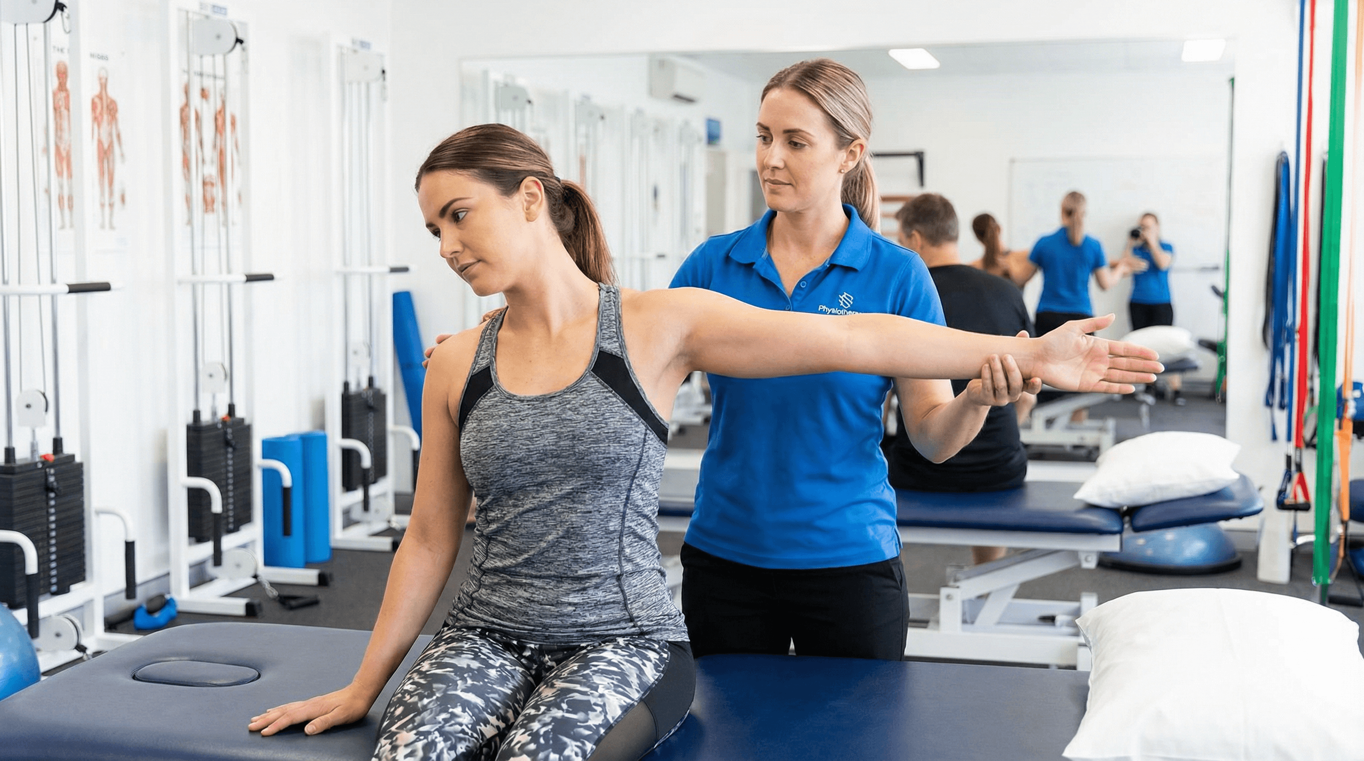 Woman doing ulnar nerve tensioner in a physiotherapy clinic.