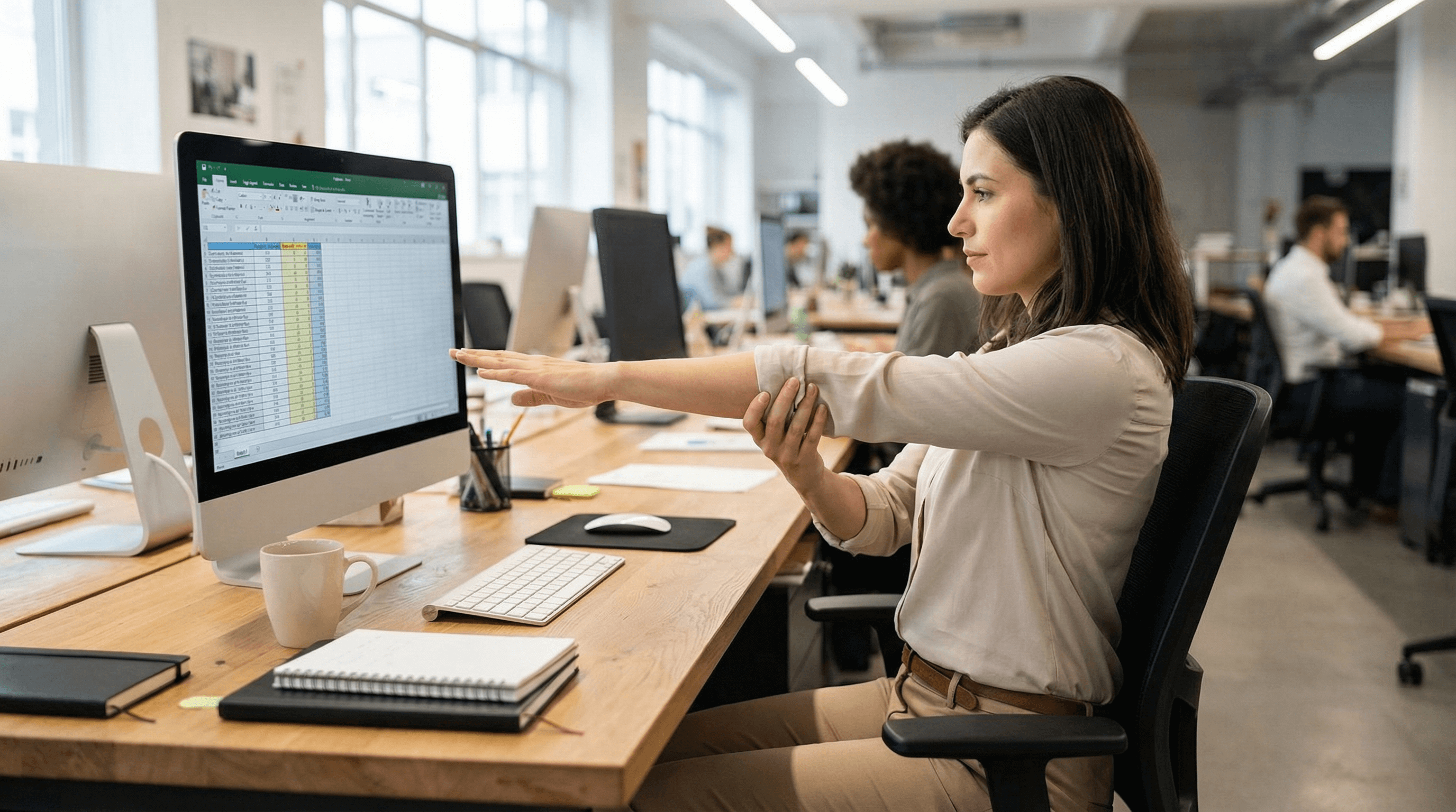 Woman at an office doing forearm flexor stretch at desk.