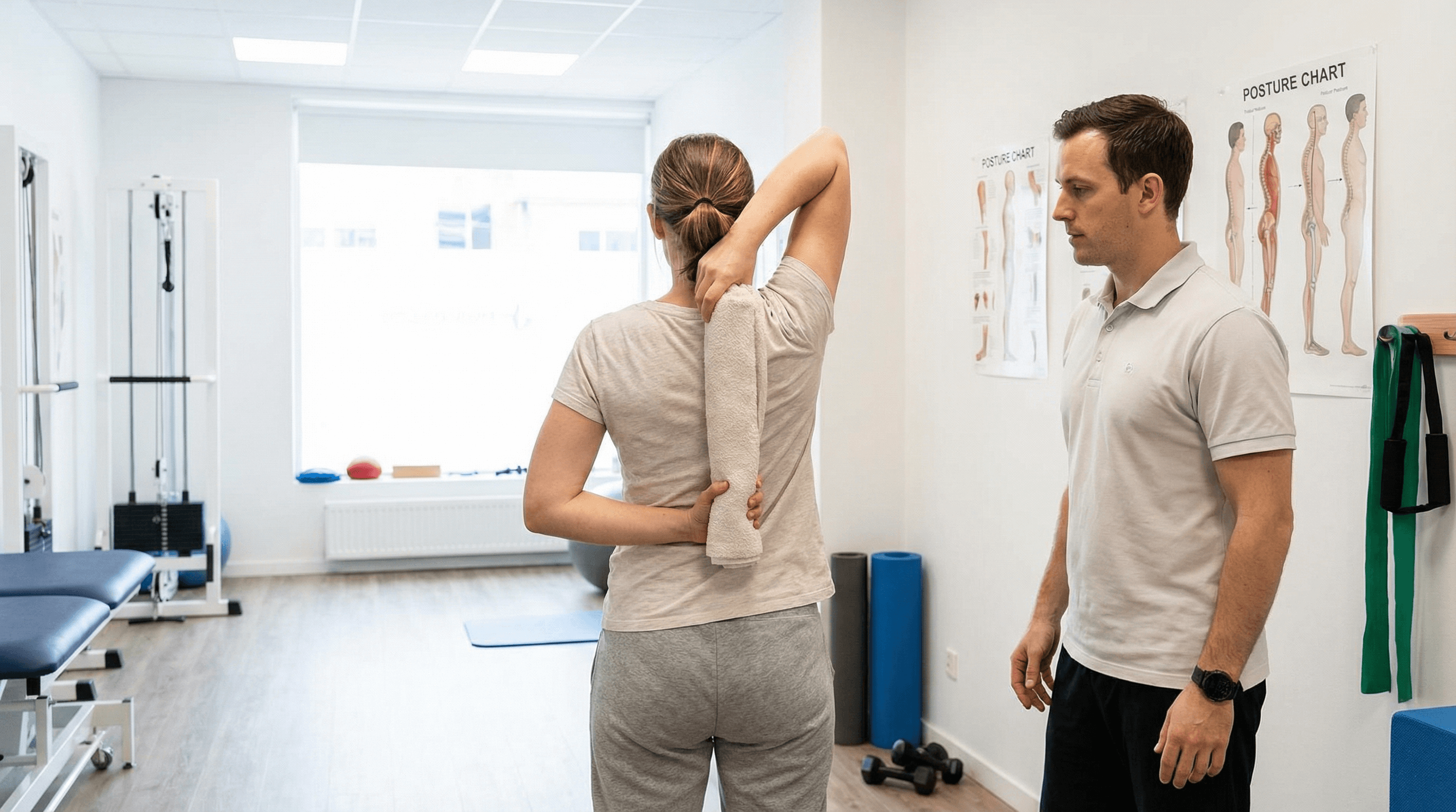 Woman performs gentle overhead triceps stretch with towel in a clinic.