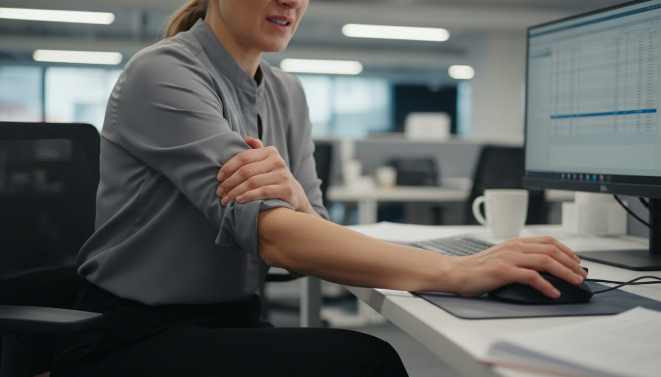 Woman clutching outer elbow in pain while using a computer mouse.