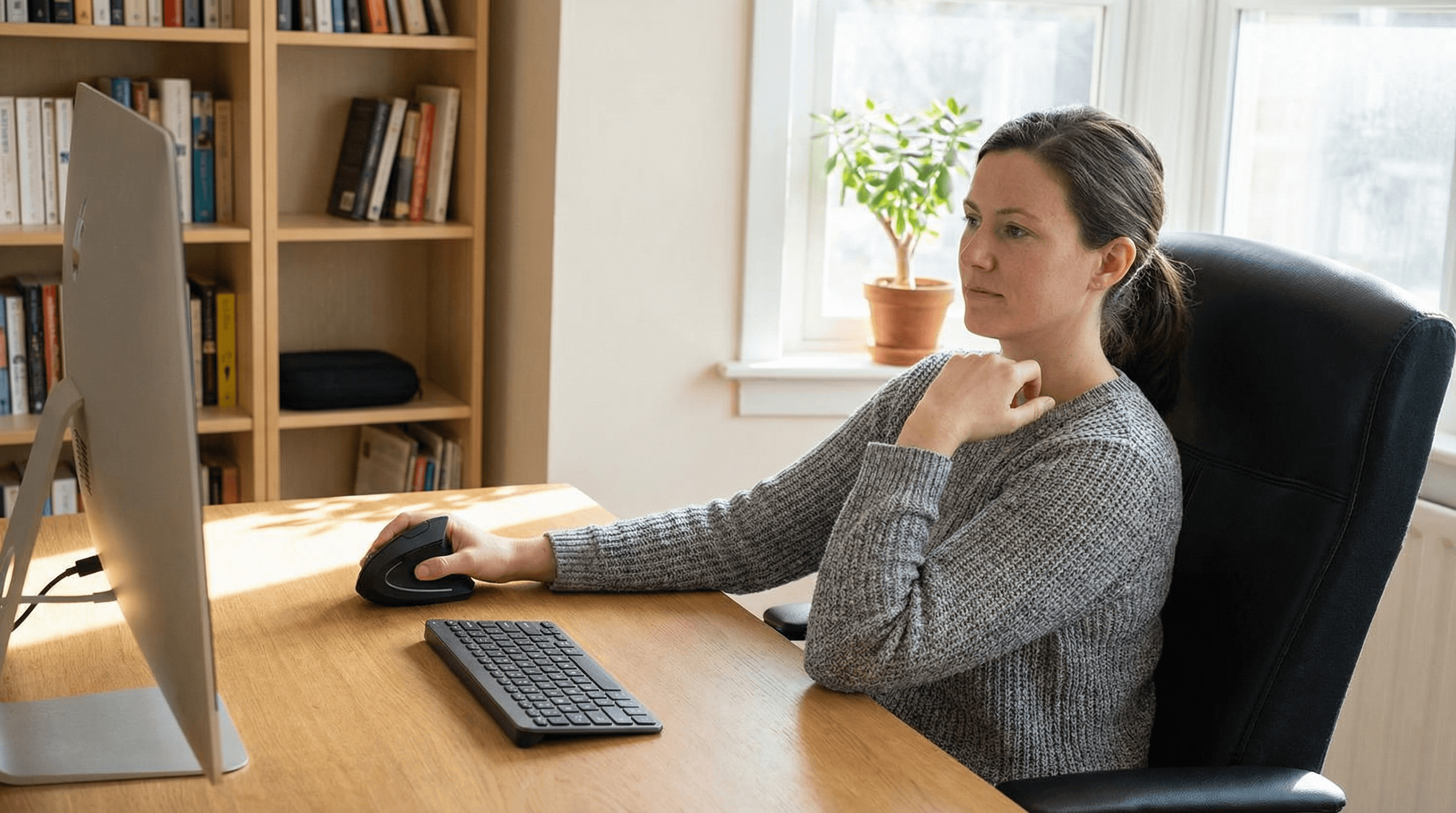 Woman using a close-placed mouse with elbows at 90 degrees in a home office.