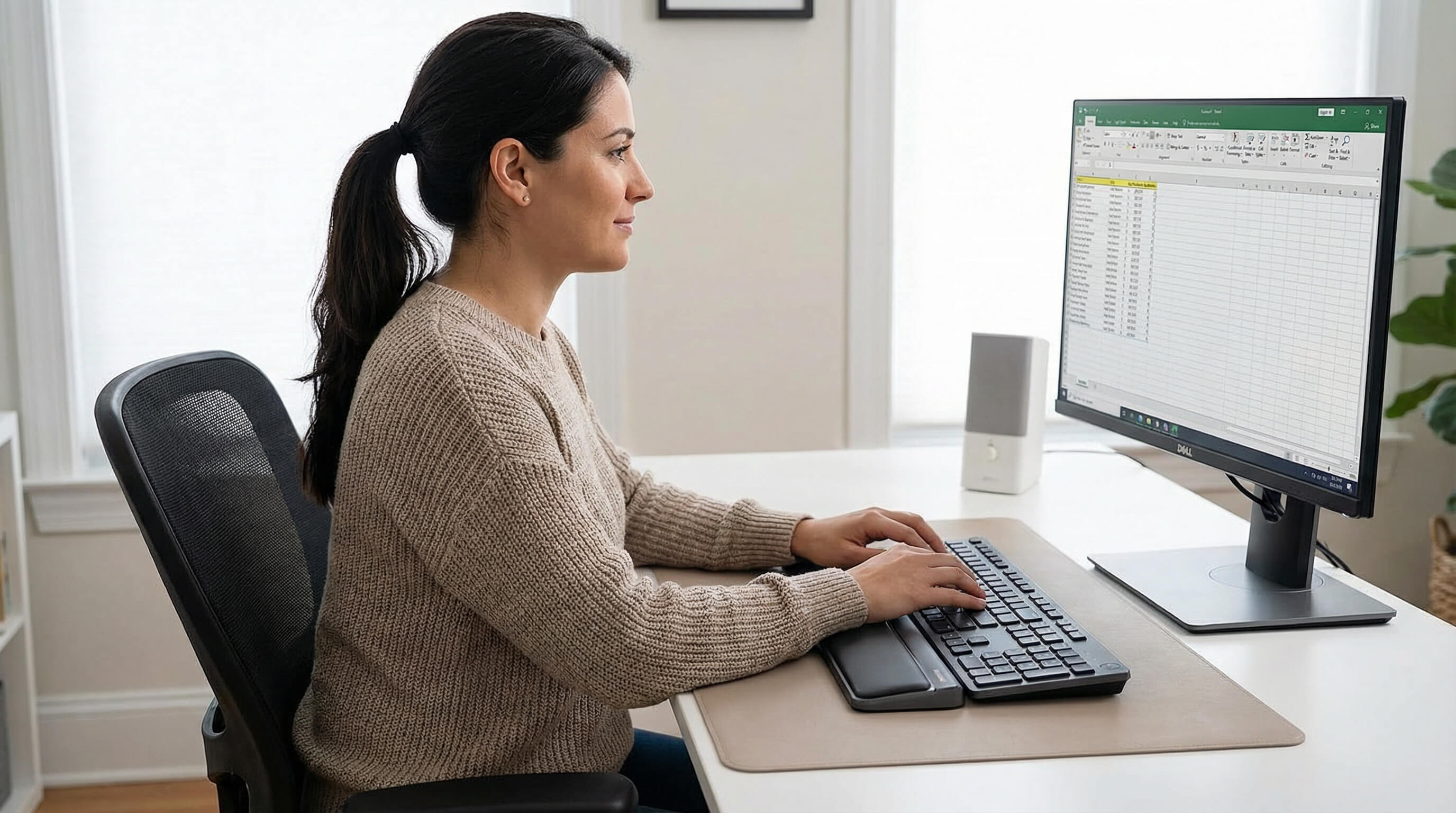 Woman using a centered RollerMouse with elbows in, reducing elbow strain.