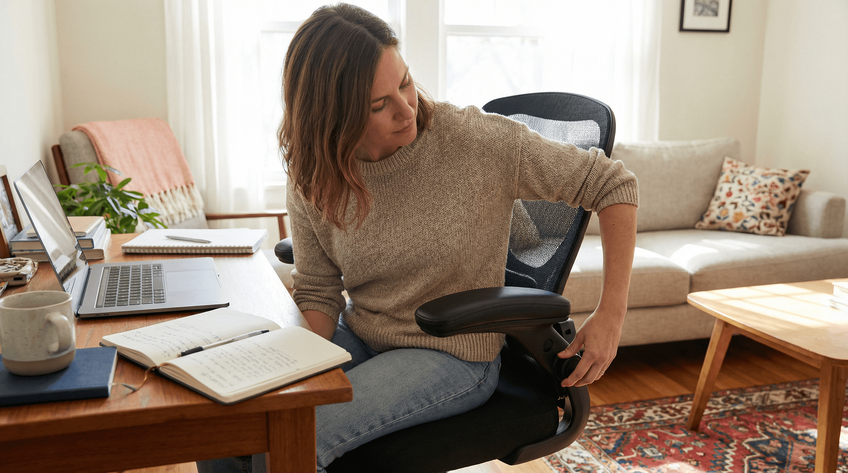Woman adjusts armrest for neutral elbow support at a home desk.