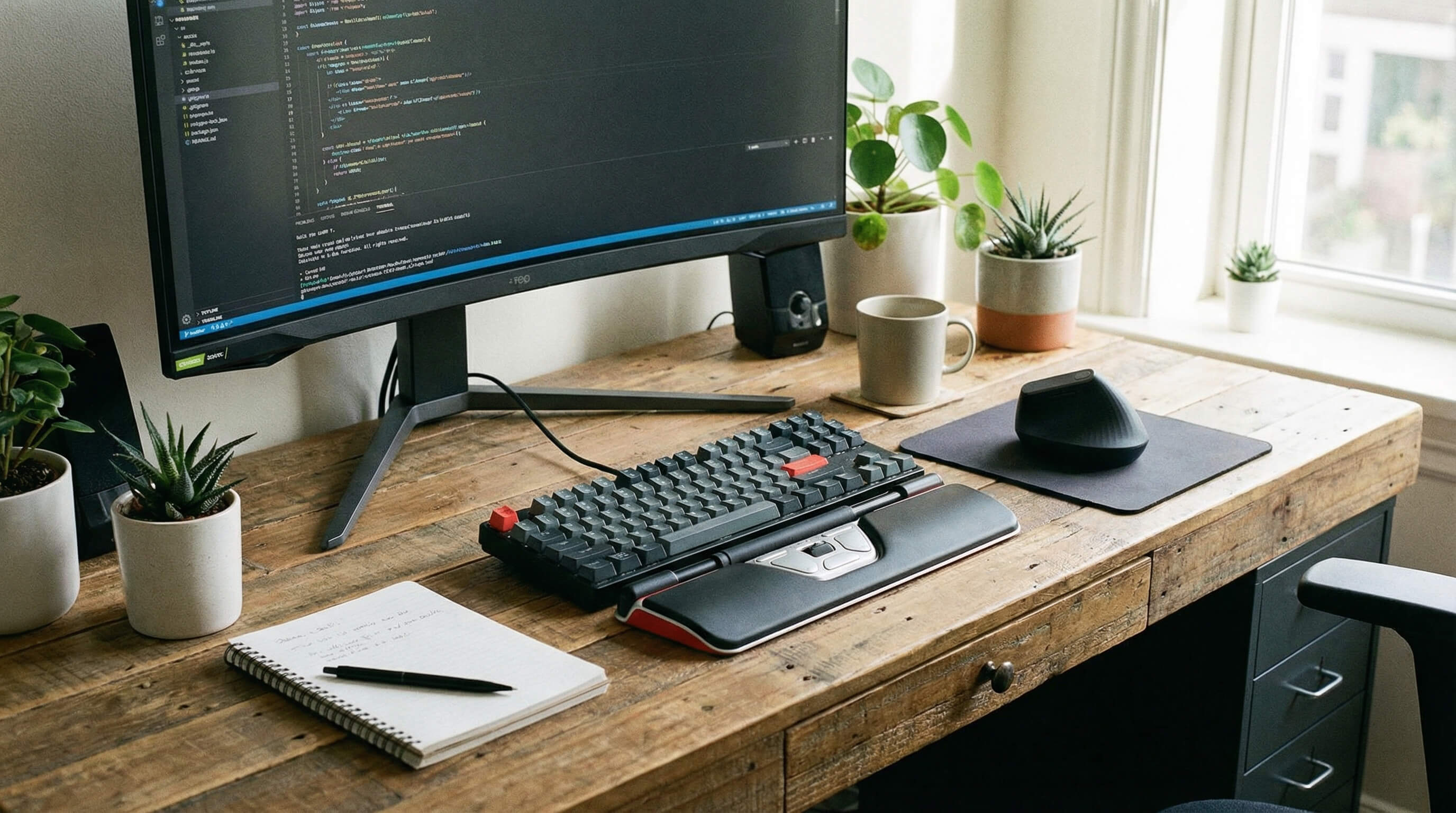 Office desk with vertical ergonomic mouse, centered roller-bar, and trackball.