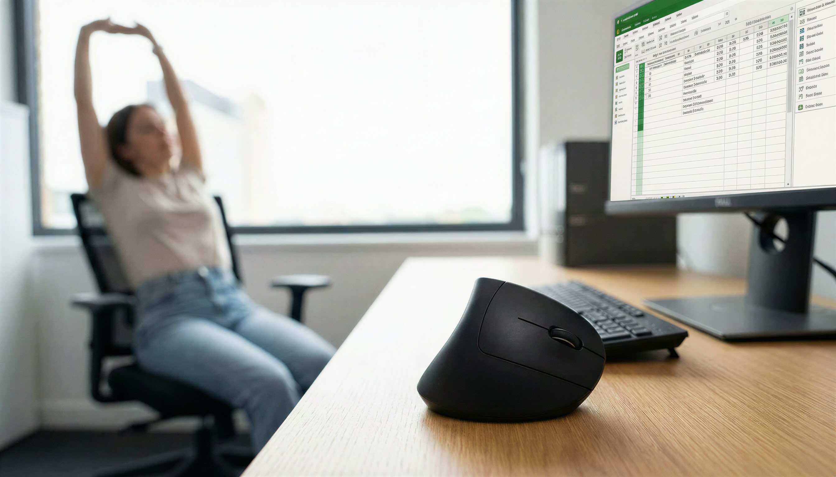 Vertical ergonomic mouse on a desk as a worker stretches during microbreak.