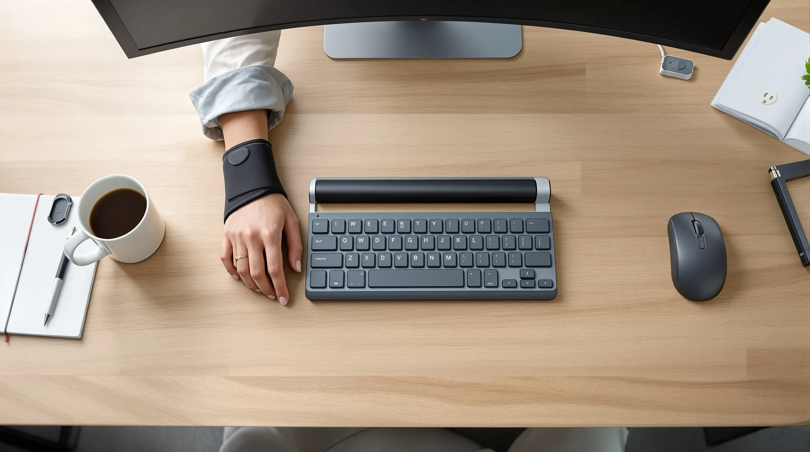 Woman using centered rollerbar with elbow brace at compact UK office desk.