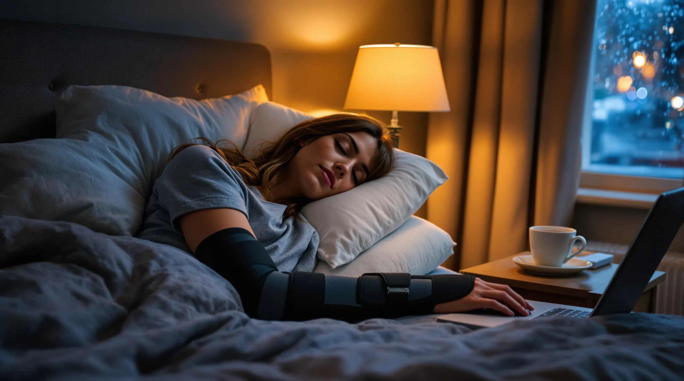 Woman sleeping with mouse elbow brace and wrist splint, arm supported by pillows.
