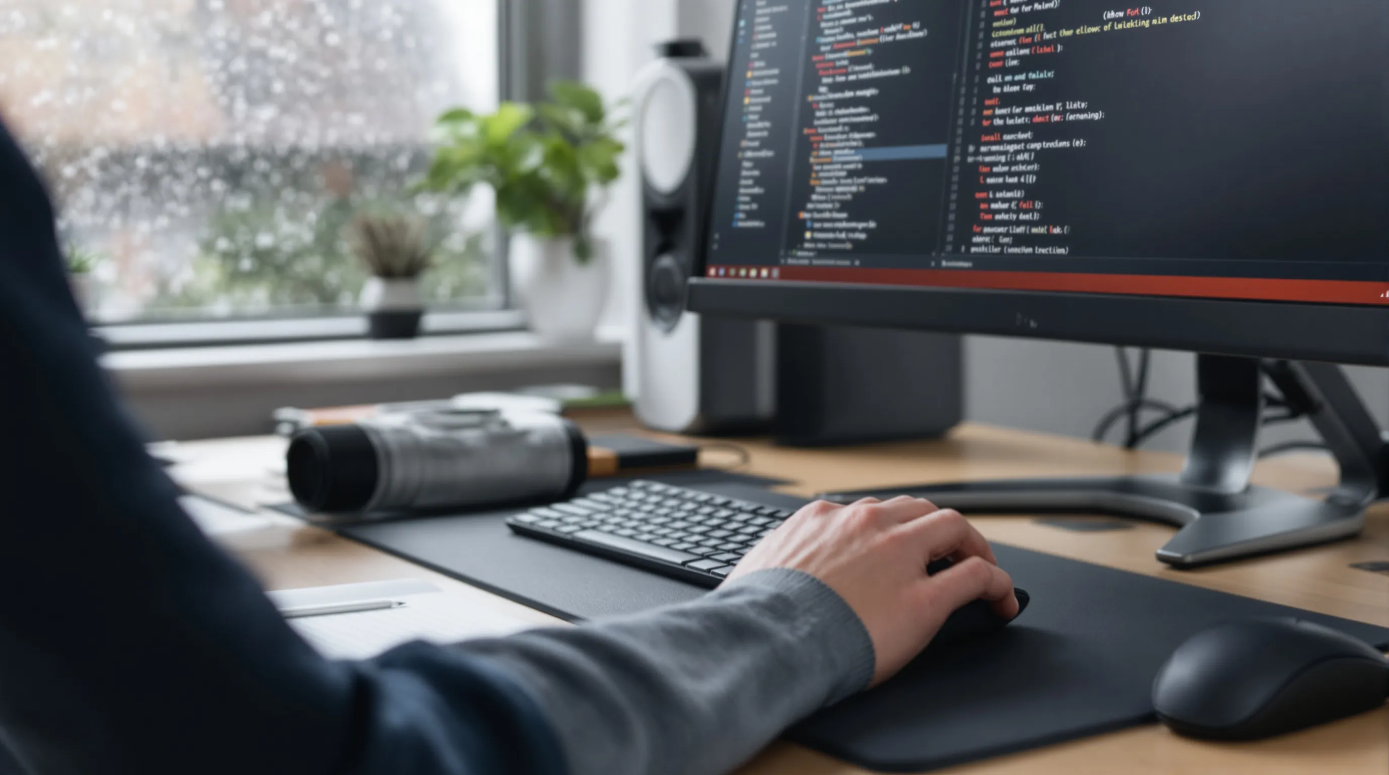 Close-up of a breathable elbow compression sleeve while using a mouse.