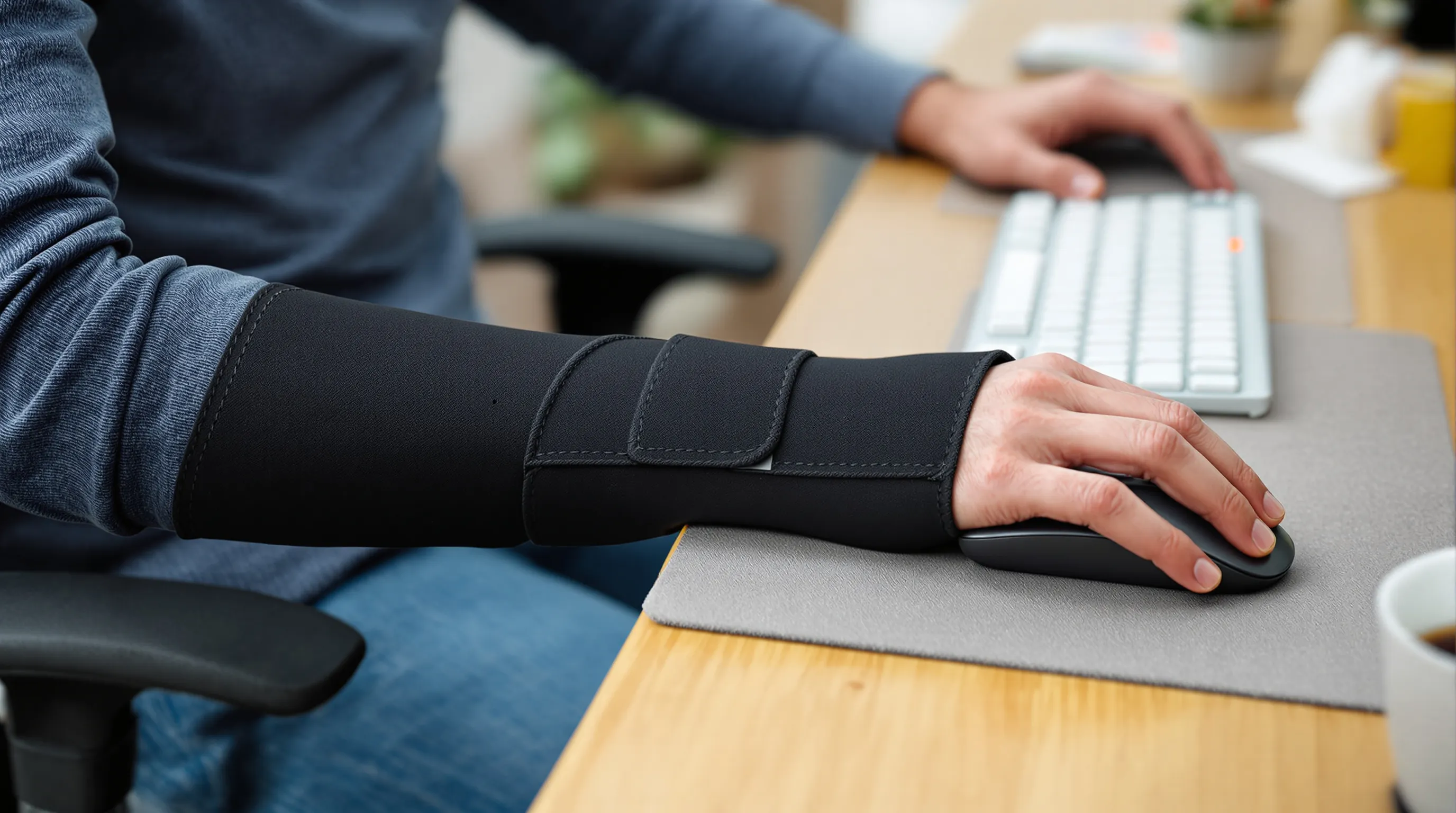 Hinged elbow brace used with a mouse at a UK office desk.
