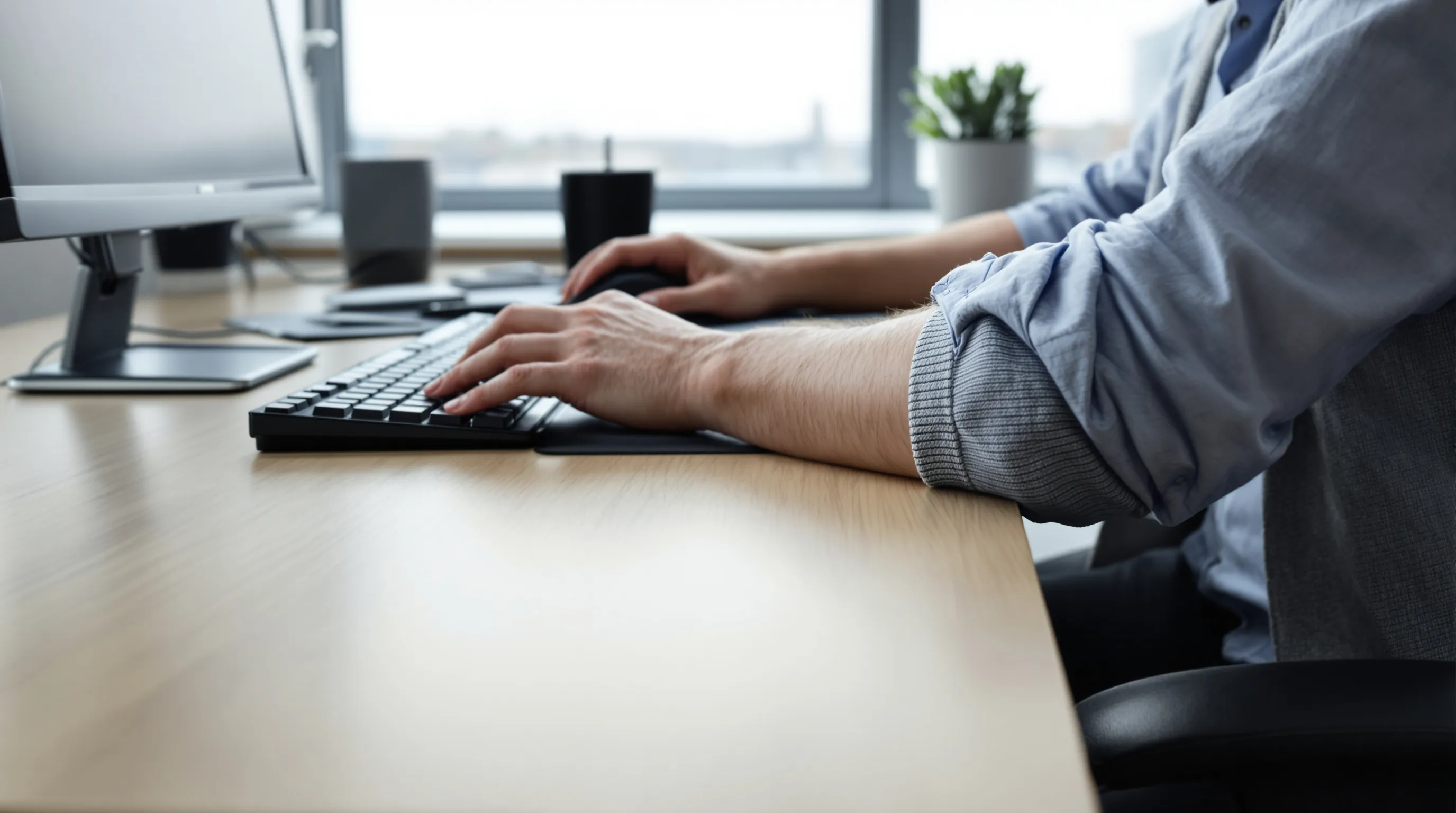 Employé de bureau se frottant le coude sensible à cause d’un surmenage et d’une prise de souris trop serrée.