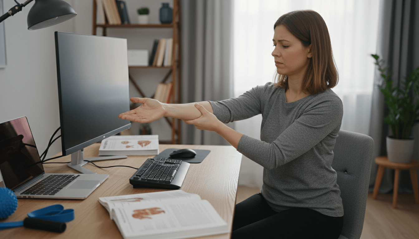 Femme testant l’extension du poignet pour une douleur de coude liée à l’ordinateur à un bureau à domicile.
