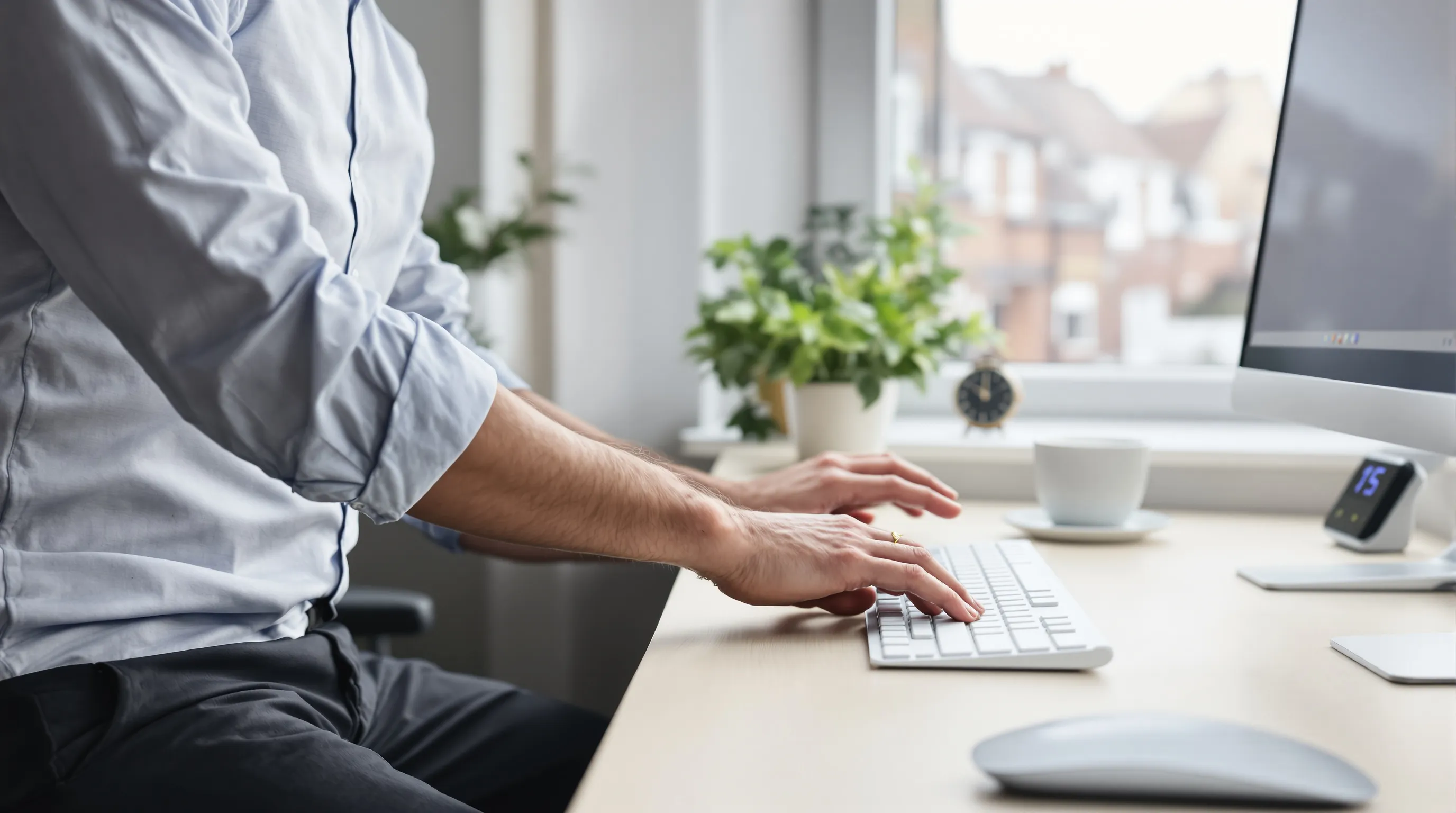 Office worker in UK doing wrist extensor stretch at a desk.