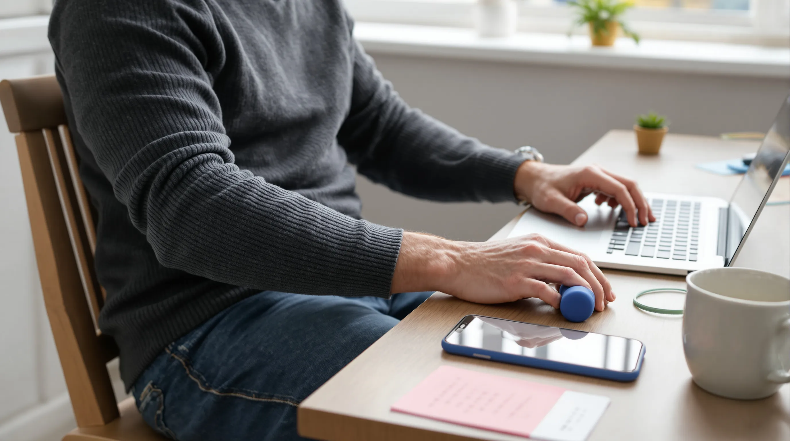 Man slowly lowering a light dumbbell for eccentric wrist extension at home.