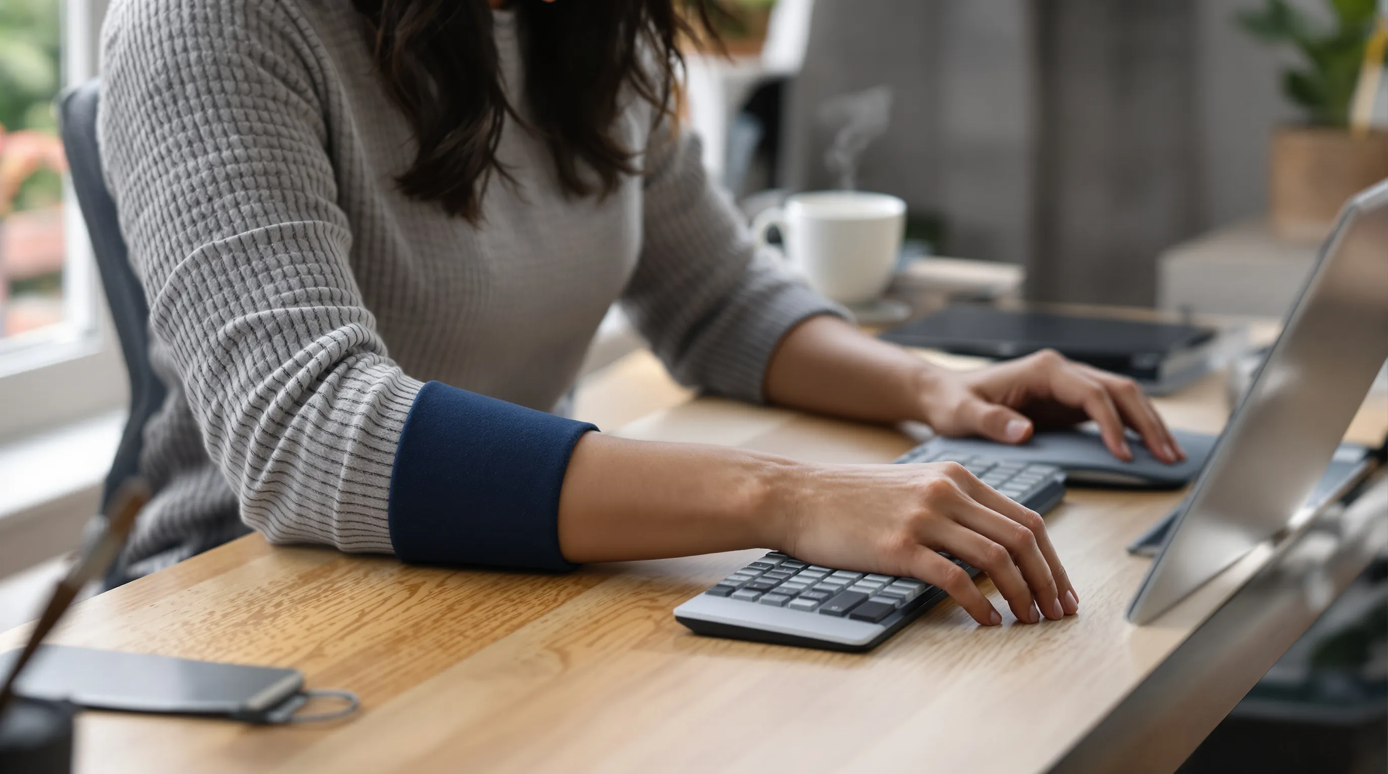 Woman warming forearm with heat pack before mouse elbow exercises.