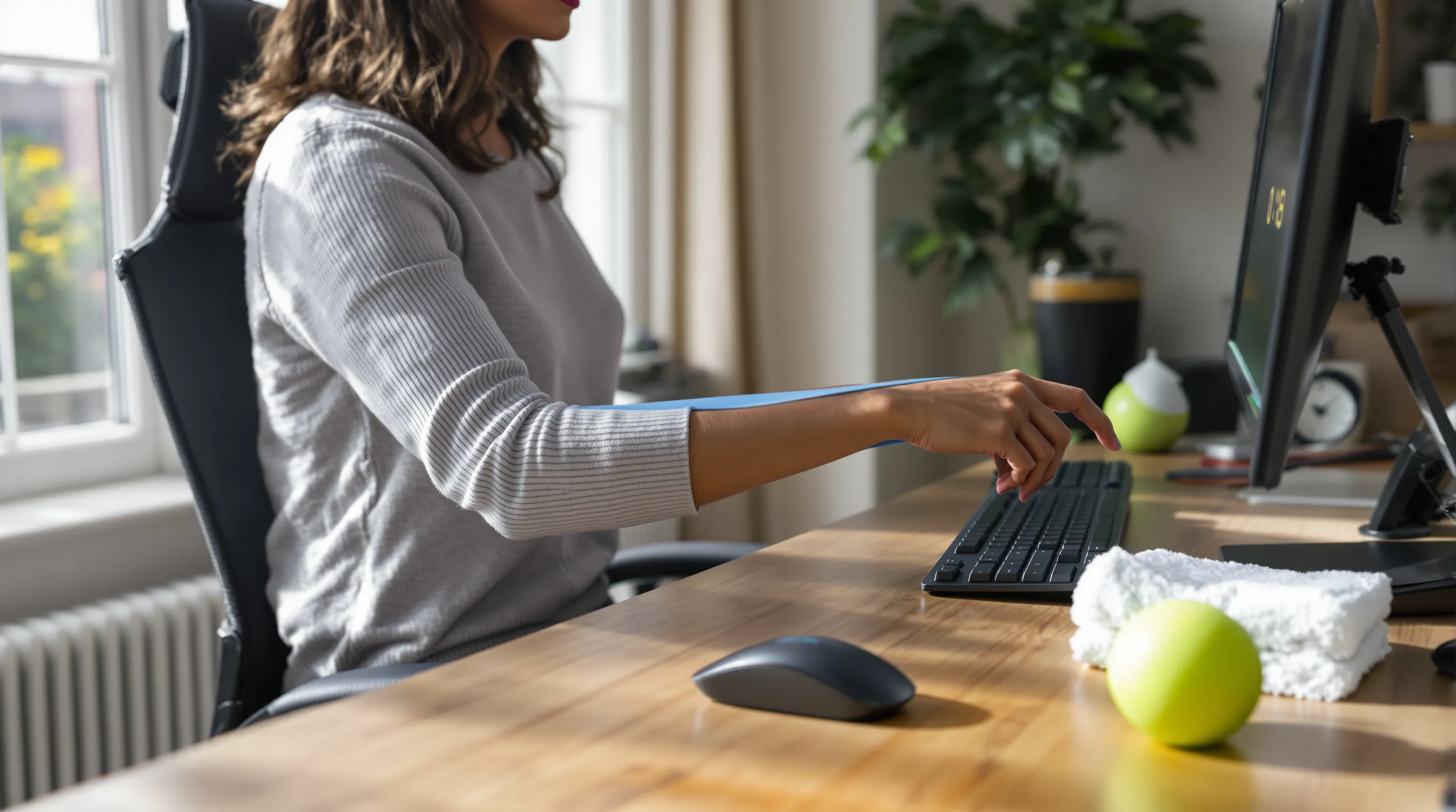 Woman performing wrist isometric hold for mouse elbow at a home desk.