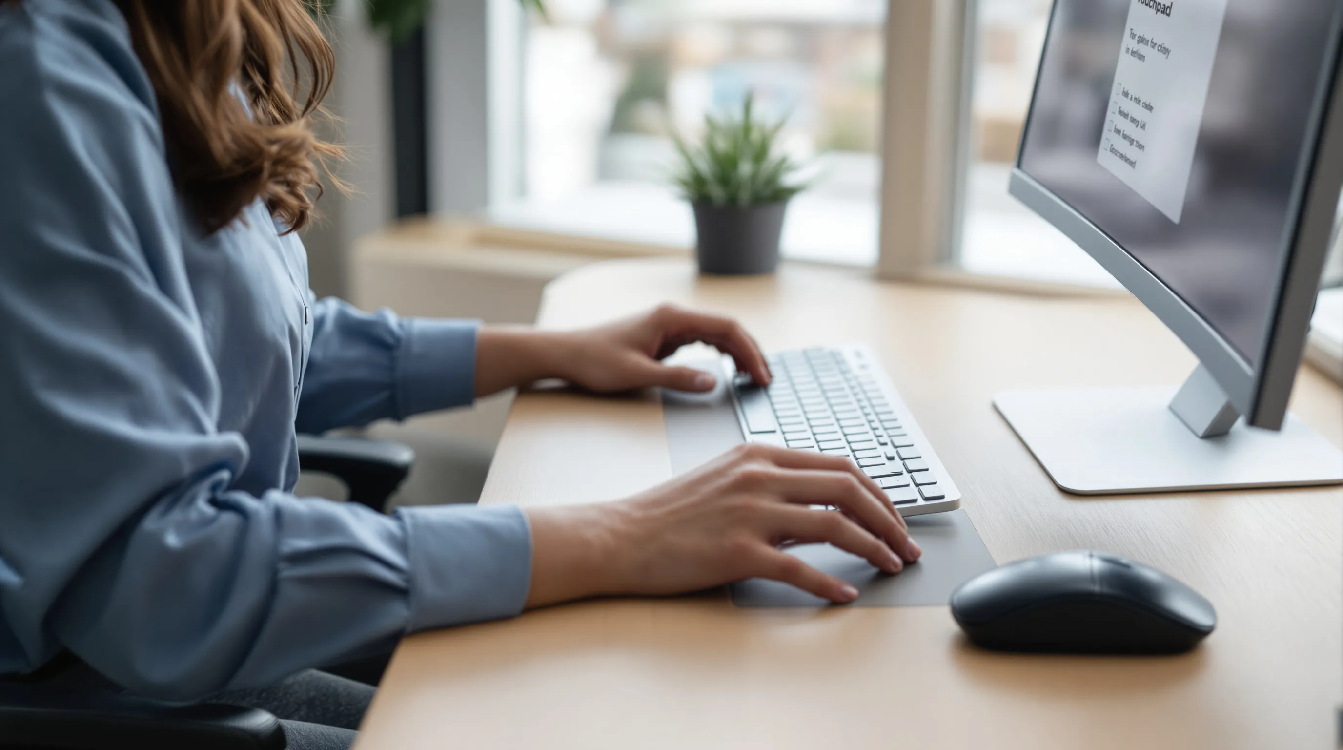 Office worker uses centered touchpad to reduce elbow strain, mouse set aside.