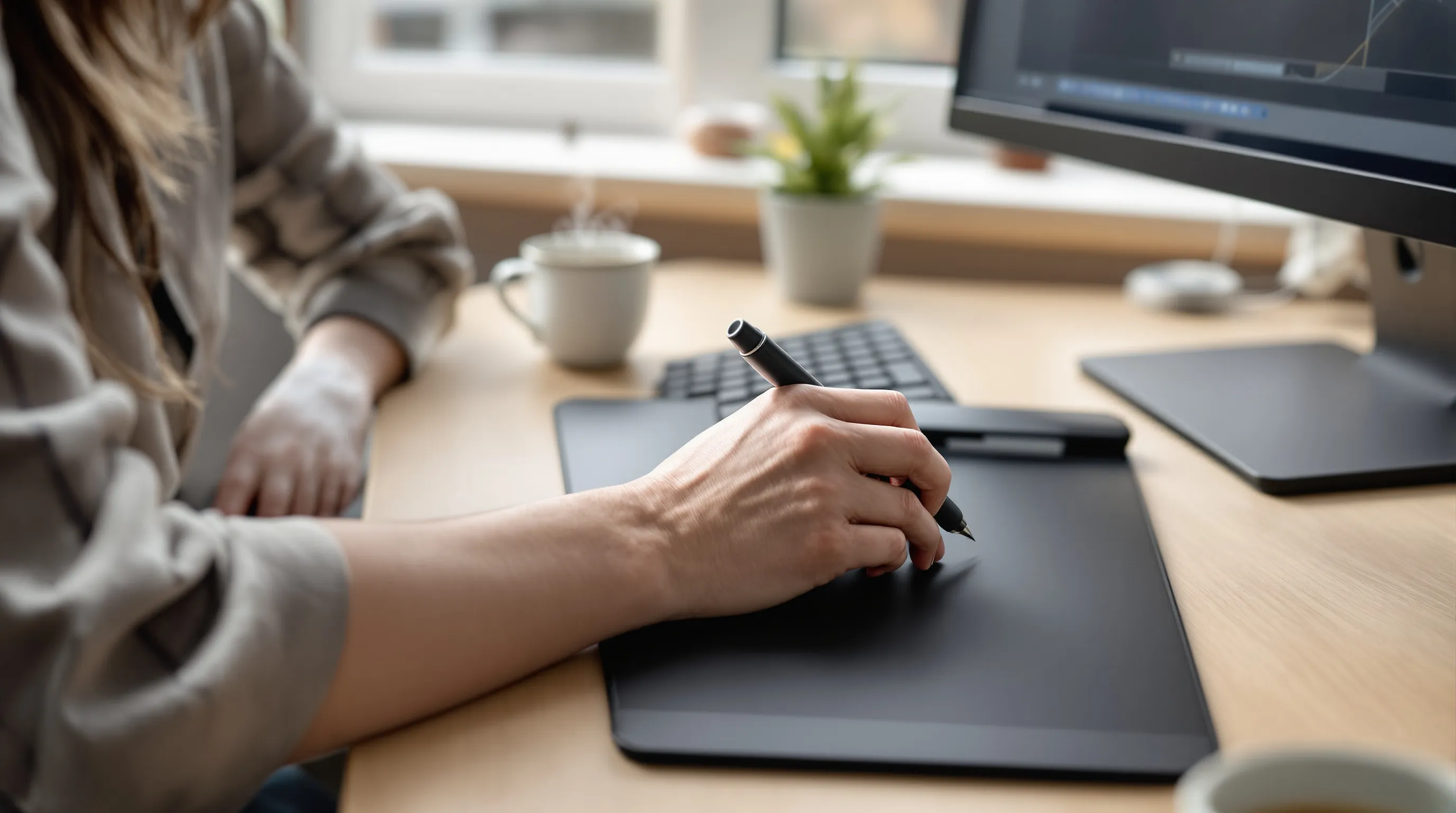 Relaxed pen grip on a tablet stylus to reduce wrist and forearm strain.