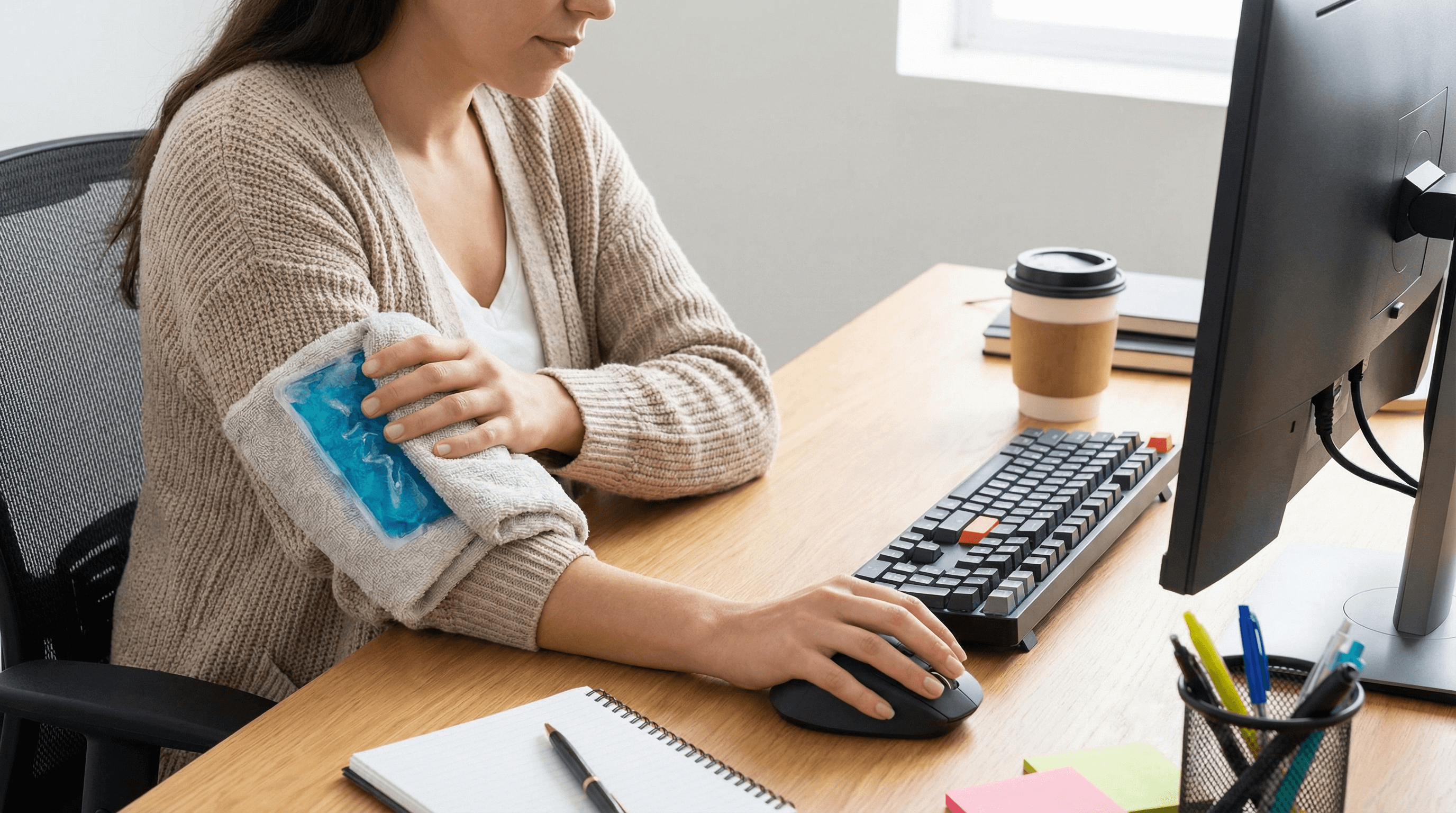 Frau kühlt die Außenseite ihres Ellbogens am Schreibtisch neben Maus und Tastatur.