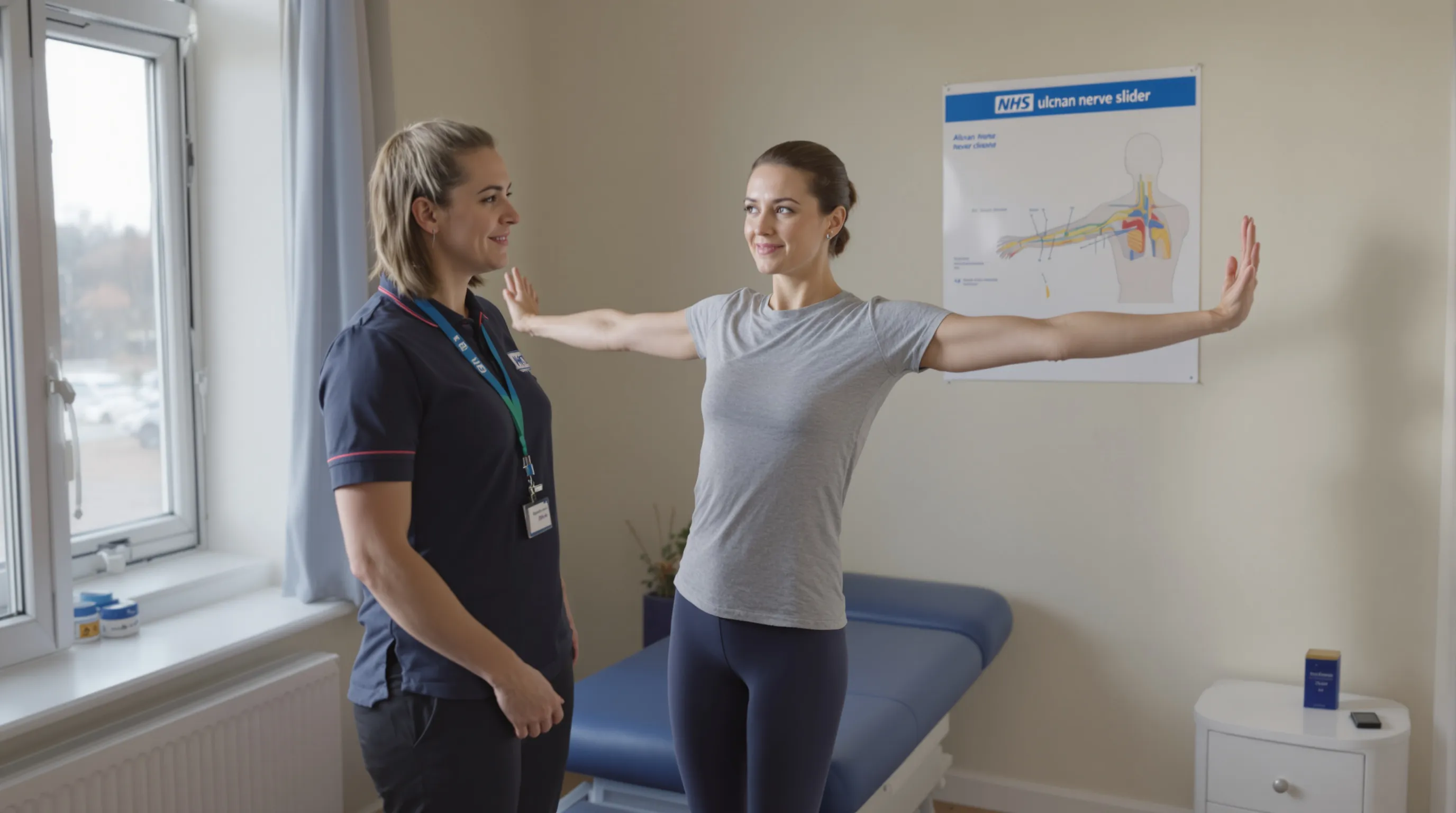 Woman performs NHS ulnar nerve slider in a UK physiotherapy clinic.