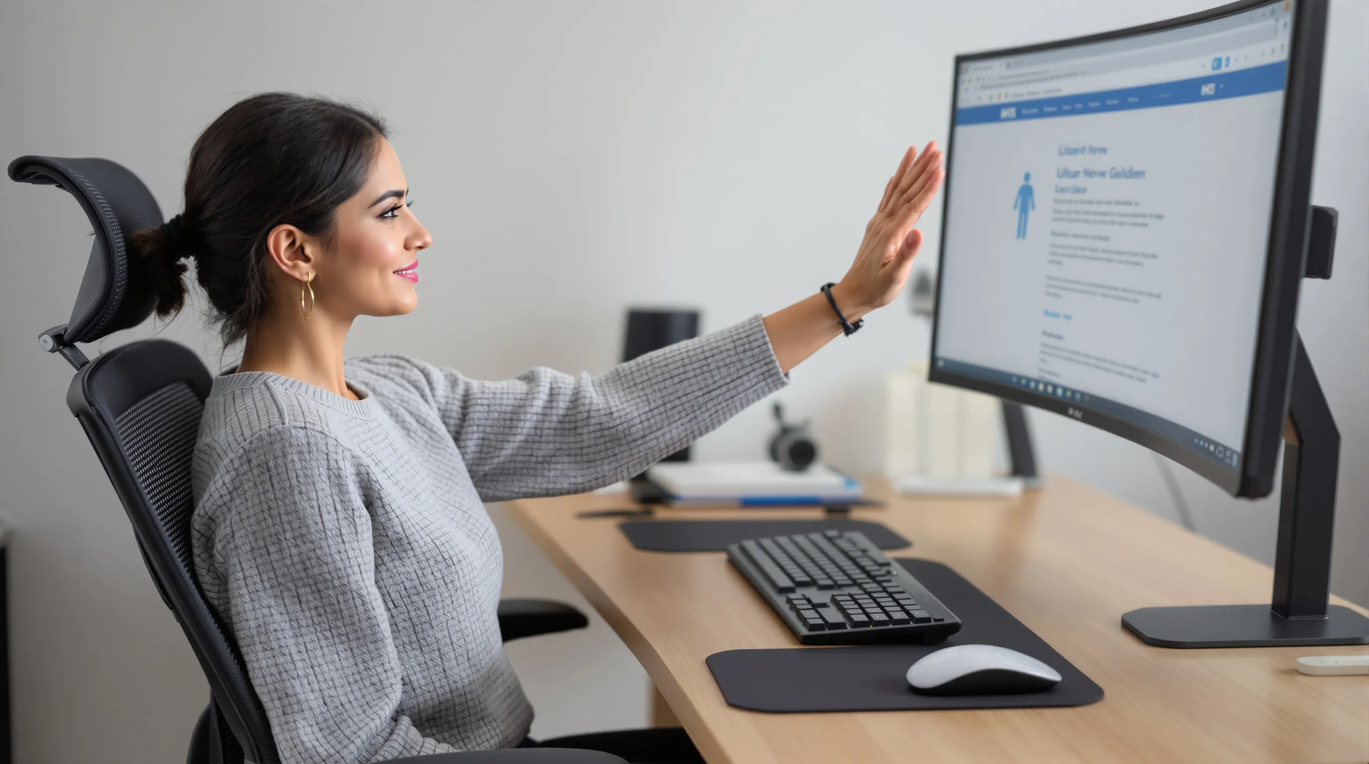 British office worker performing gentle ulnar nerve glide at an ergonomic desk.