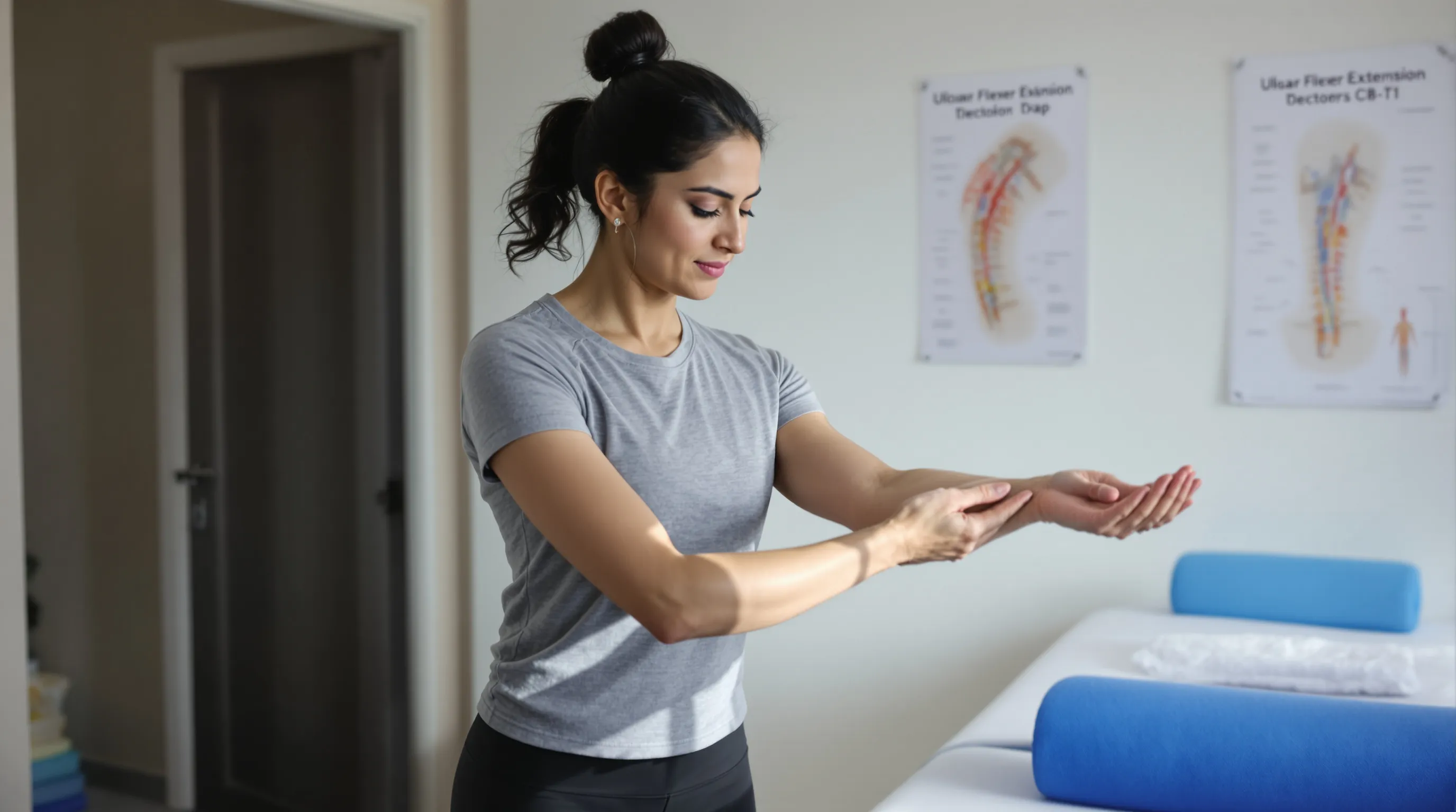 Woman in UK clinic doing gentle wrist flexor stretch for ulnar nerve.