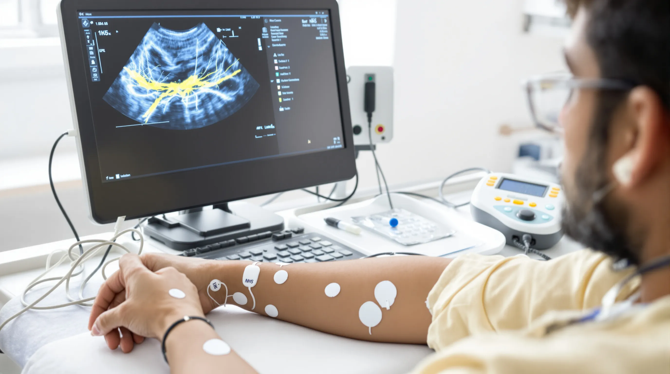 Clinician ultrasounds ulnar nerve as electrodes monitor both forearms in clinic.