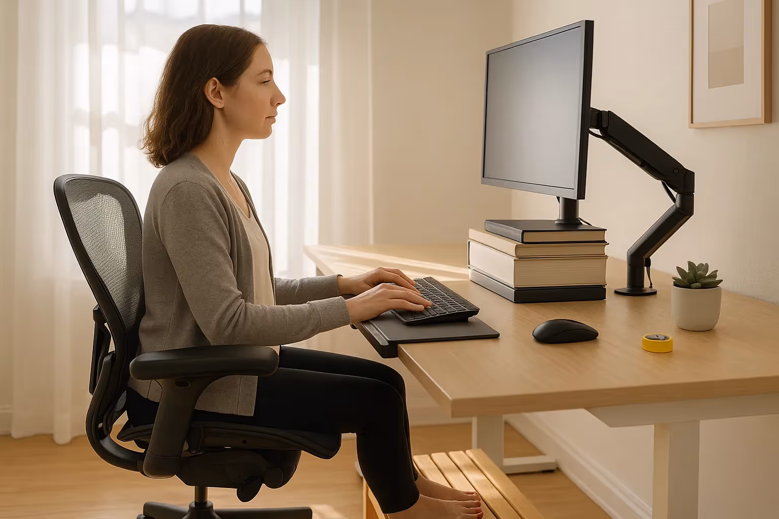 Person sidder med god holdning ved en ergonomisk arbejdsplads og bruger en skærm på en justerbar skærmarm, en tastaturbakke og en fodstøtte for behagelig brug af computeren.
