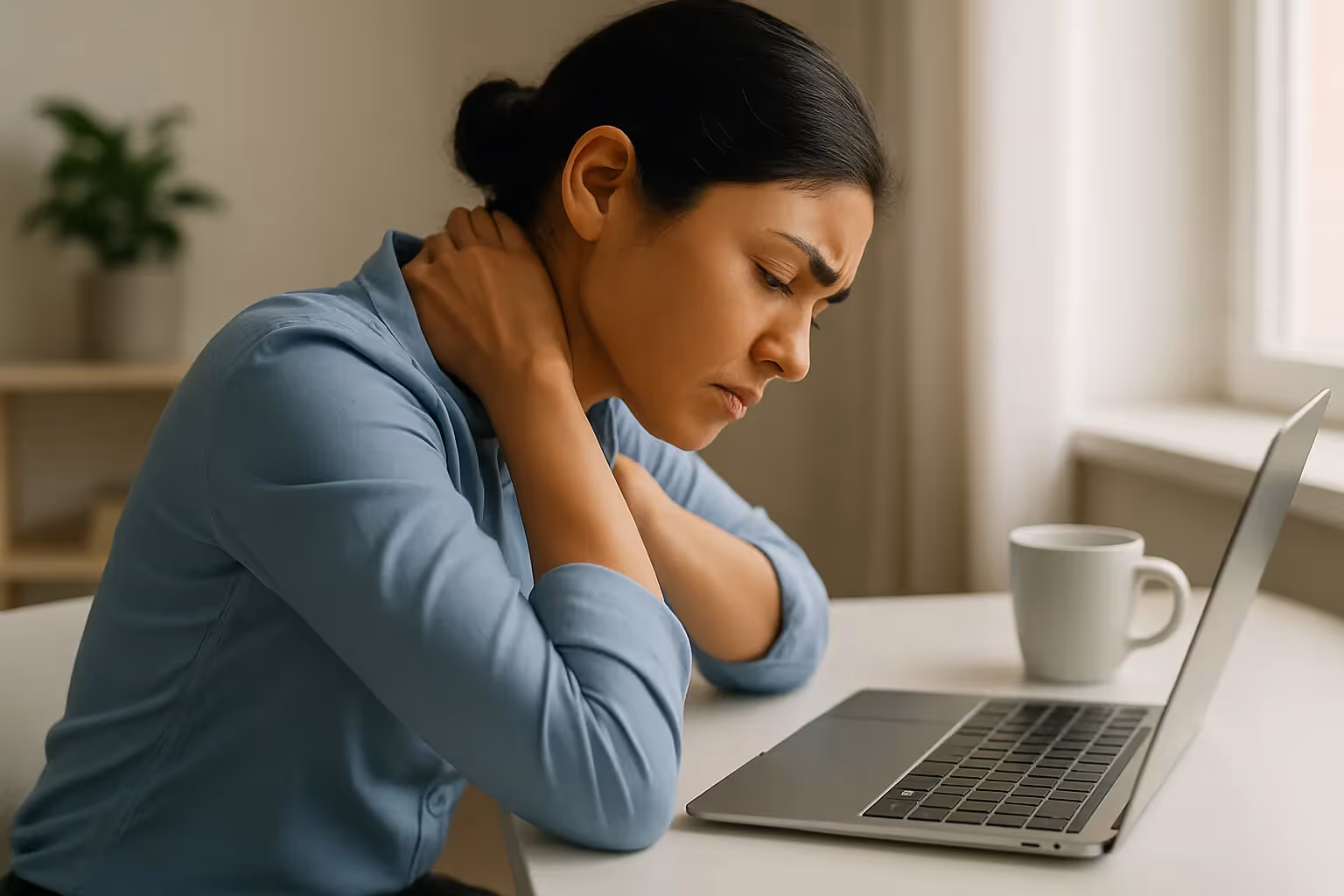 Frau mit Nackenschmerzen, während sie am Schreibtisch am Laptop arbeitet, zeigt schlechte Haltung und ergonomische Probleme am Arbeitsplatz.