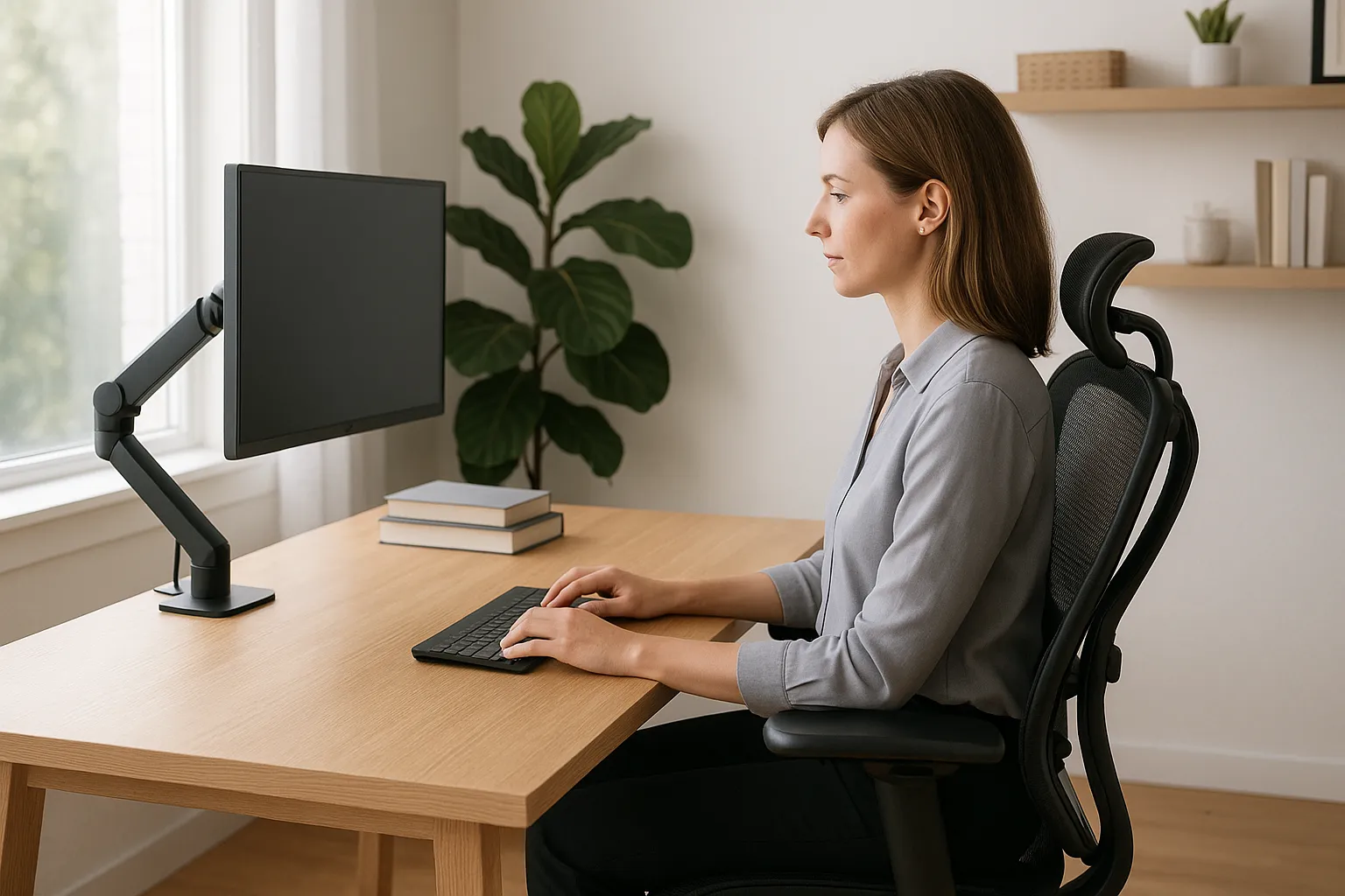 En yrkesperson sitter med god hållning vid ett skrivbord och använder en skärmarm och en stöttande stol som en del av en ergonomisk kontorsarbetsplats utformad för komfort och produktivitet.