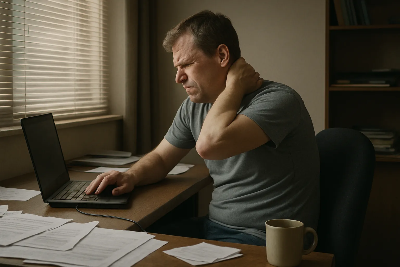 En man arbetar vid en bärbar dator och håller sig om nacken av obehag, vilket visar den belastning som kan komma av en dåligt utformad arbetsplats i stället för en ergonomisk kontorsarbetsplats.
