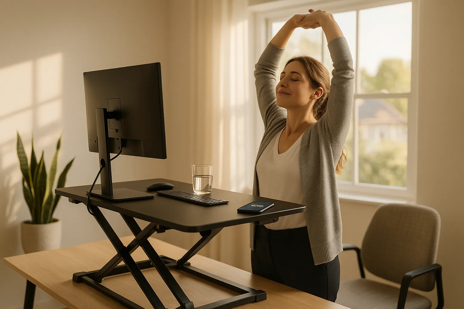 En kvinna stretchar bredvid ett höj- och sänkbart skrivbord och visar hälsofördelarna med en ergonomisk kontorsarbetsplats som uppmuntrar till rörelse under arbetsdagen.
