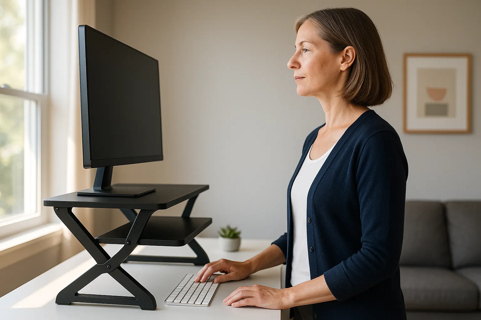 Woman working at a standing desk using an ergonomic stand to raise her monitor to eye level, promoting better posture in a bright home office.